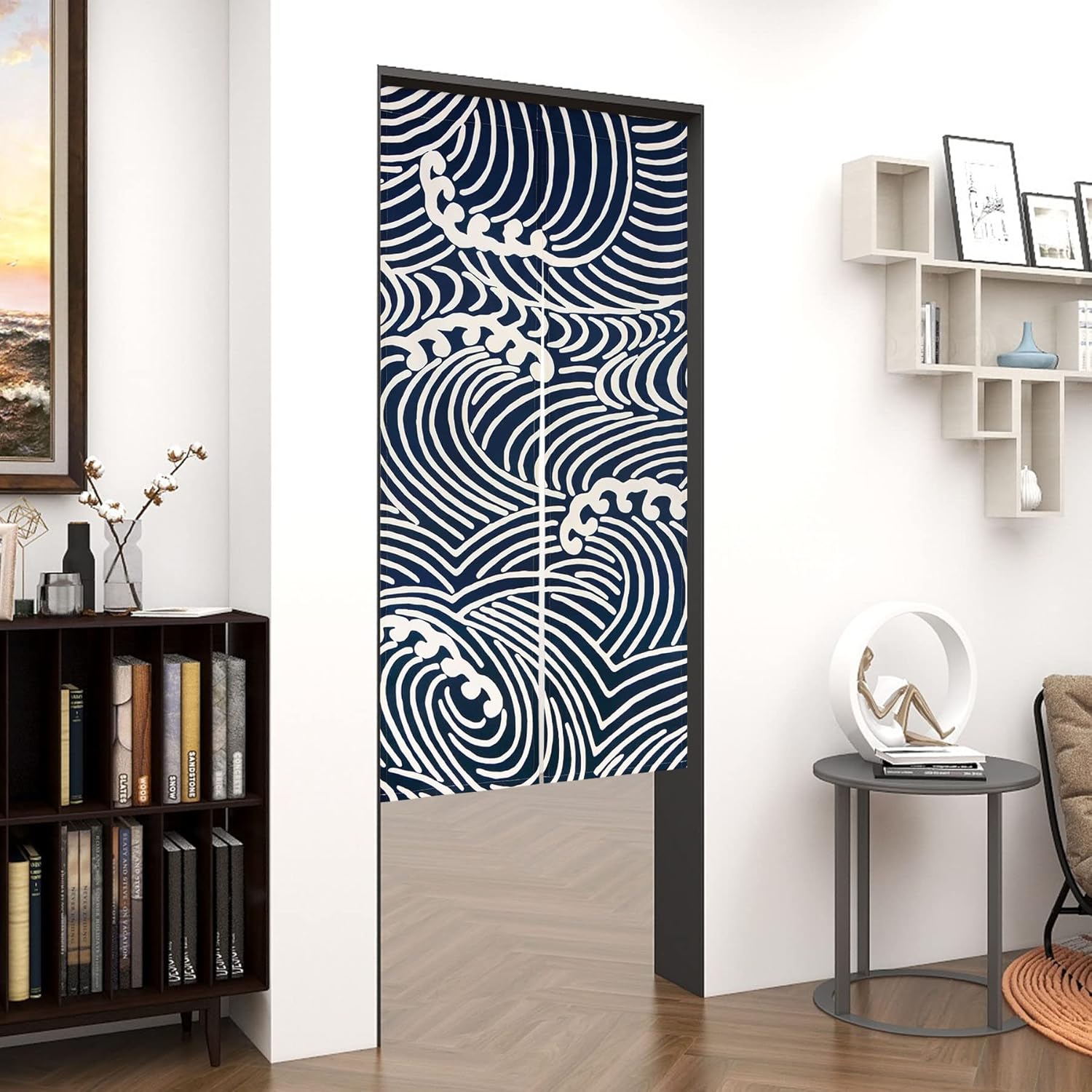 LIGICKY Japanese Noren Doorway Curtain Tranditional Wave Printed Window Treatment Door Tapestry for Home Restaurant Decoration 33.5" Width x 59" Long, Blue and White