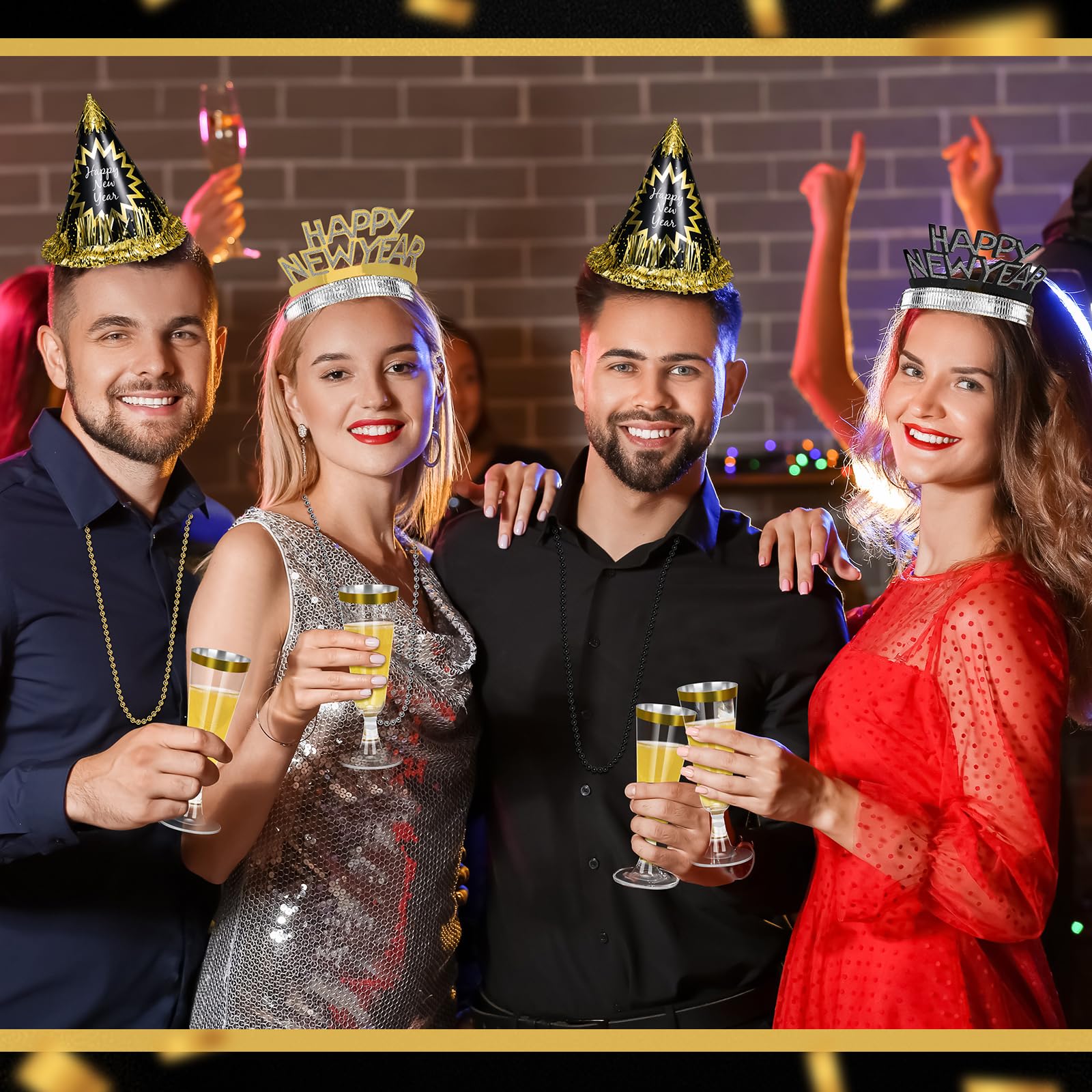 96-teiliges Silvester-Partyzubehör enthält 12 Kegelhüte, 12 Stirnbänder, Diademe, 24 Kunststoff-Champagnerflöten, 24 Perlenketten, 24 Squawker für Happy Silvester-Dekorationen, Party (96)