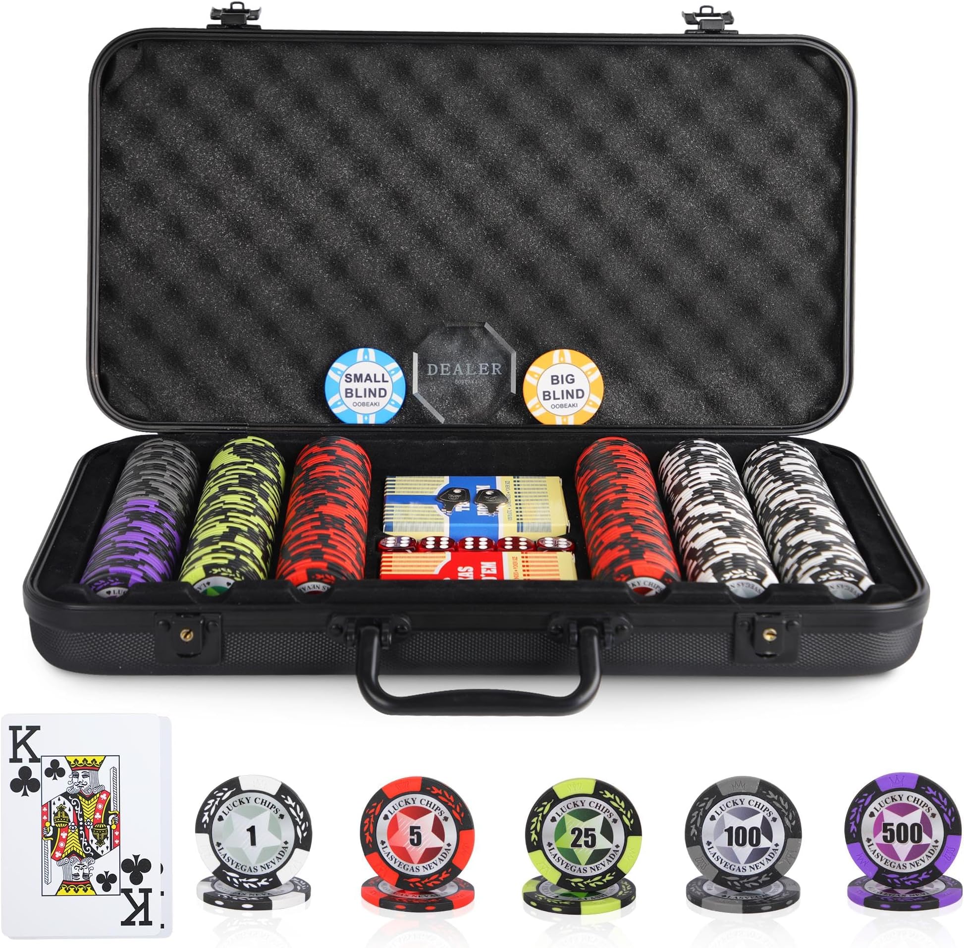 ORIENGEAR Poker Chip Set, Includes 300PCS 14 Gram Clay Composite Casino Chips with Denominations, ABS Case & 2 Decks Plastic Playing Cards for Texas Holdem, Blackjack & Gambling Games