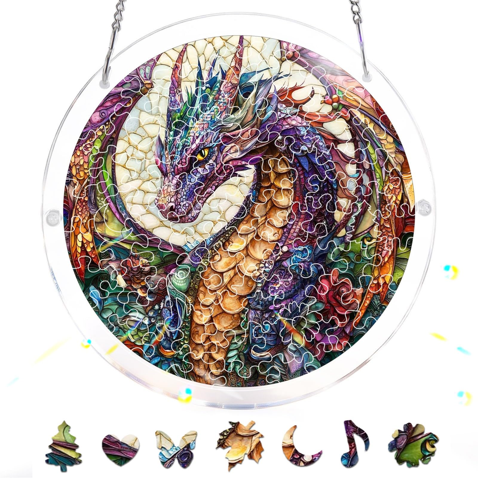Bimkole 83 Pieces Acrylic Jigsaw Puzzle Suncatcher - Dragon, Stained Glass Window Hanging Pendant, Home Decor Creative Mom Gifts, Sun Catcher Decor for Garden Home Birthday Gifts 18 cm