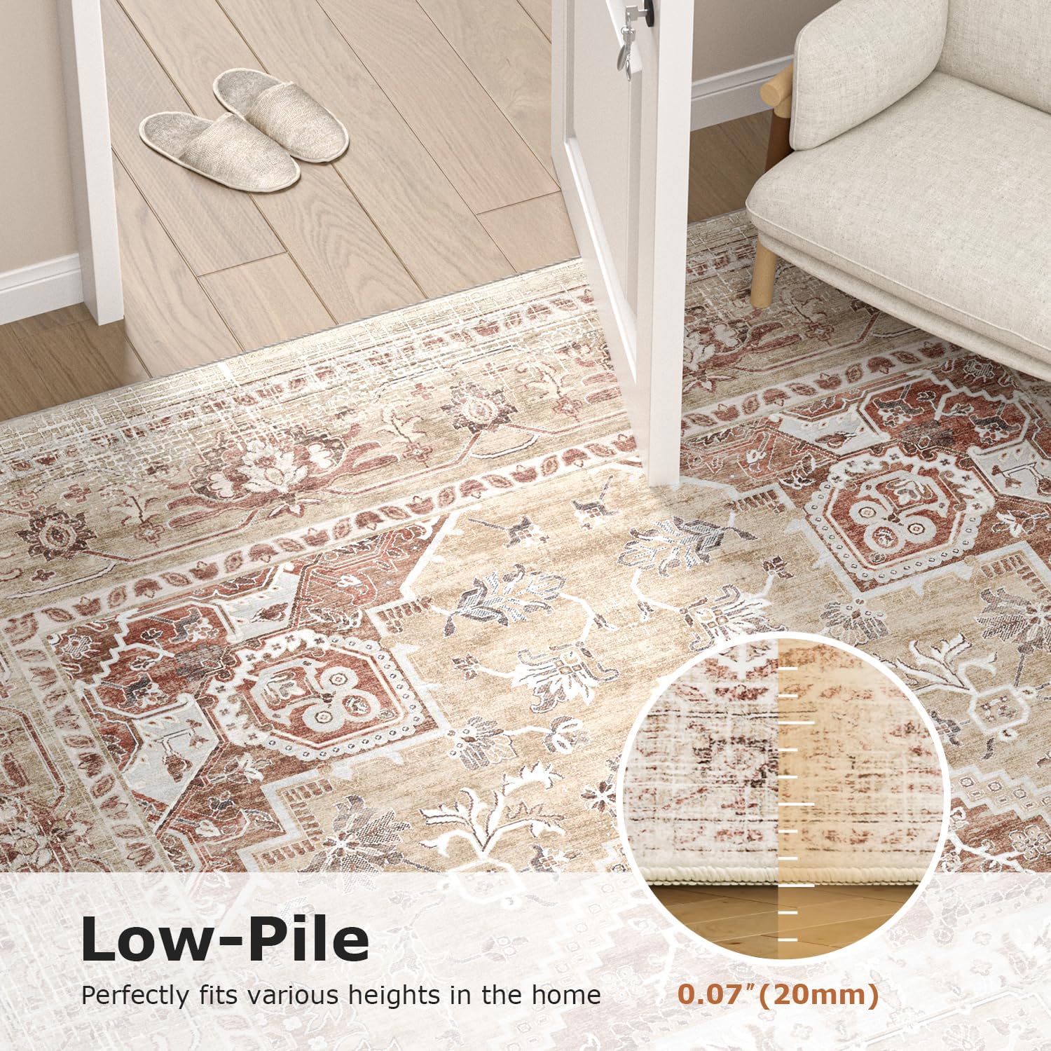 COHOME Vintage Distressed Washable Rug, Pet & Kid Friendly Area Rugs with Non-Slip TPE Backing, Stain Resistant High Traffic Low Pile for Living Room Bedroom, Indoor Low Profile (Beige, 4' x 6')