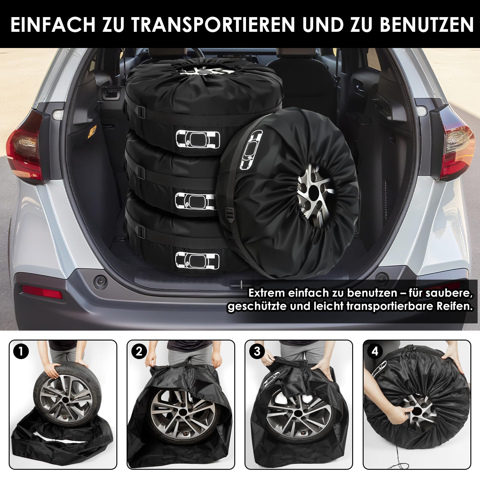 Gucass Lot de 4 housses de pneu de 19-23 pouces - Sacs étanches et housse de protection pour pneus - Pour le rangement et le transport des pneus - Protection UV - Noir - L (Ø 80 cm)