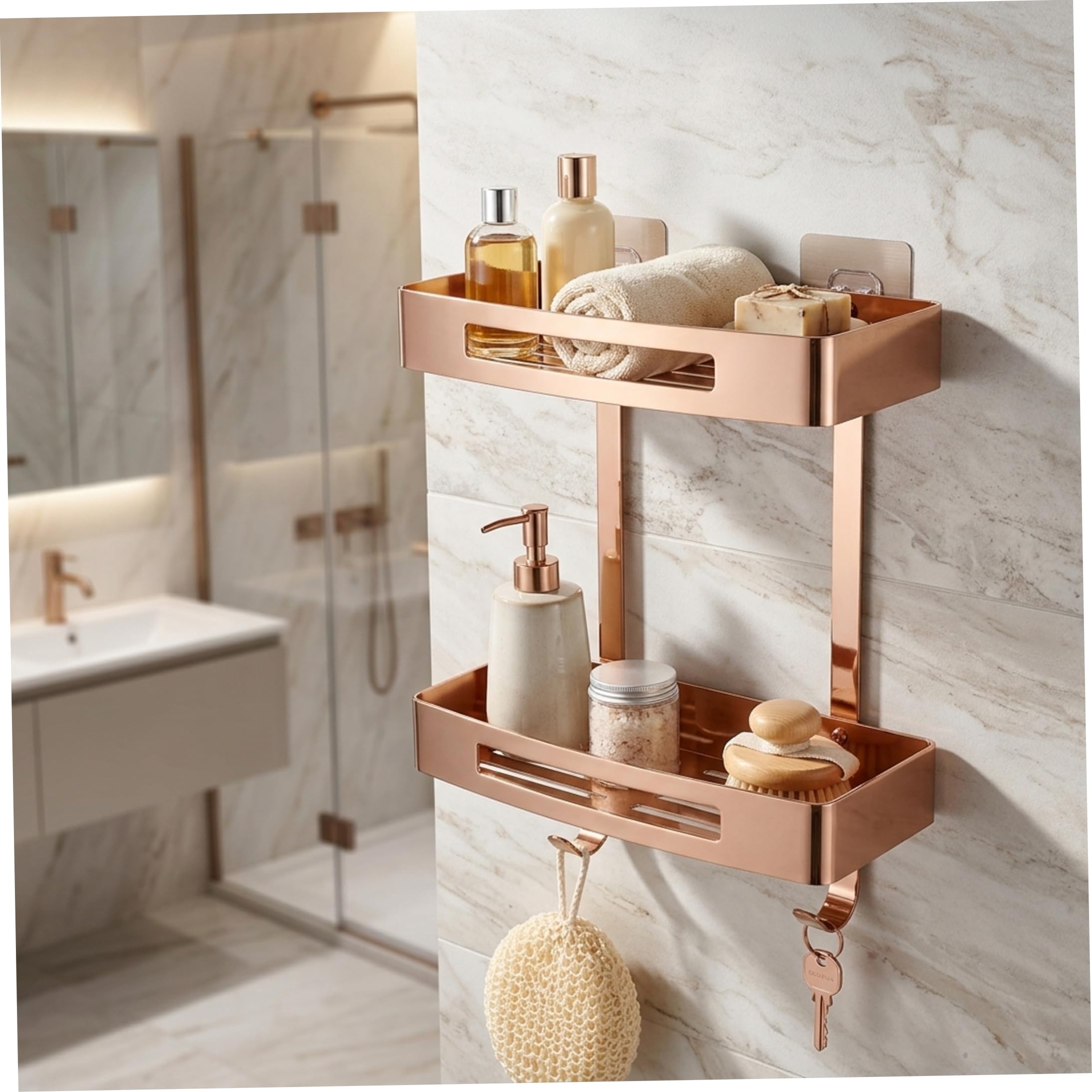 Estante de pared para baño, carrito de ducha de doble nivel, estante de esquina de baño adhesivo de acero inoxidable 304, organizador de pared sin taladro con ganchos, oro rosa, adhesivo, para
