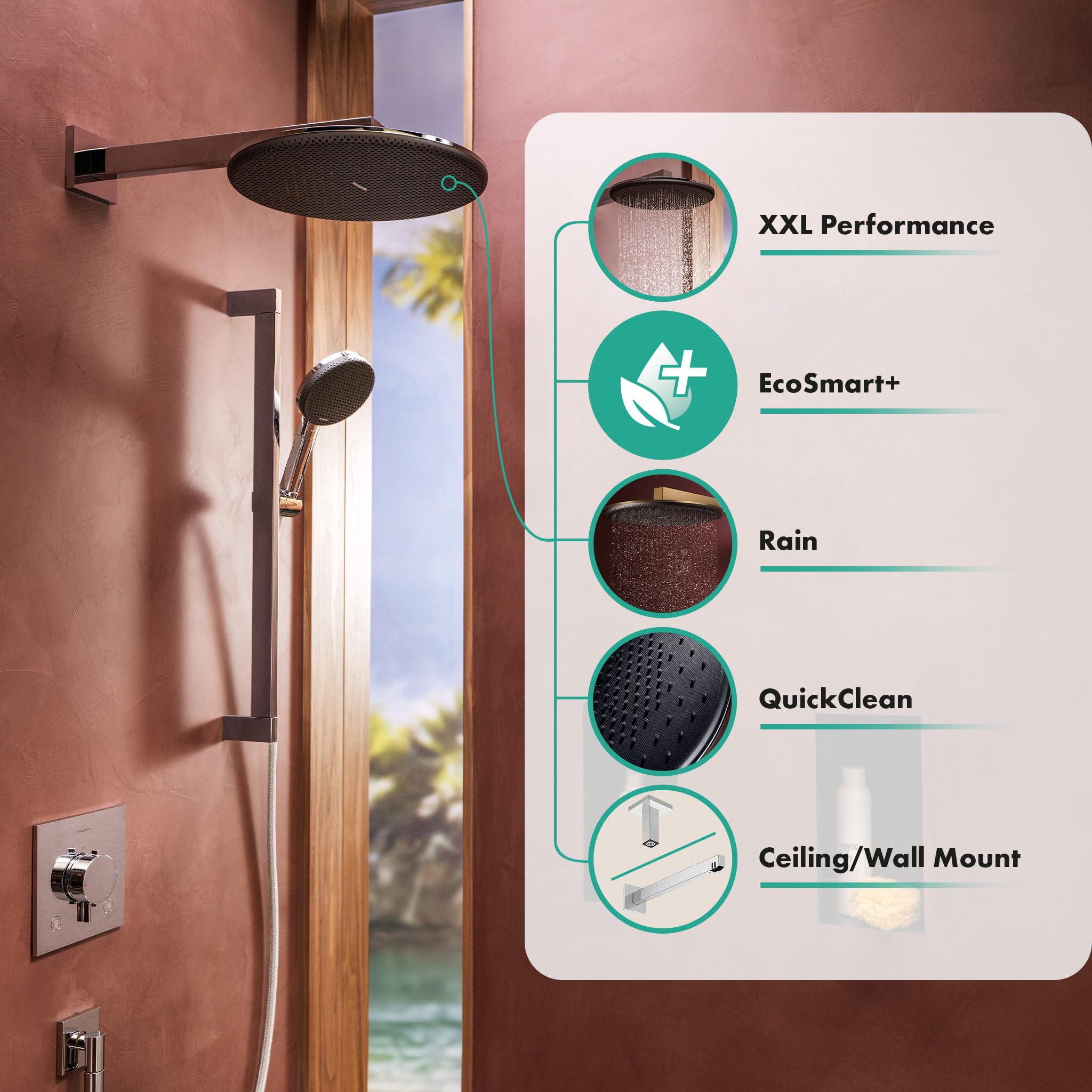 hansgrohe Raindance Alive S - rociador de ducha max. 6 l/min (EcoSmart+), ducha fija redondo (300 mm), cabezal de ducha lluvia para conexión pared y techo, bronce cepillado, 24523140