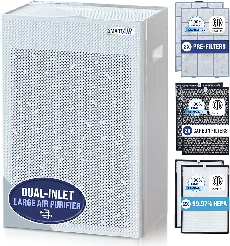 Smart Air SA600 Large HEPA Air Purifier for Pets, Cleans 2400 ft²/hr, For Homes, Offices, Dual Inlet, 2X 99.97% H13 HEPA, 2X Carbon Filters, Washable Pre-Filters for Pet Hair, Allergens,Odors,Gases