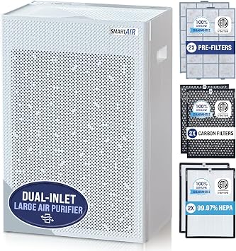 Smart Air SA600 Large HEPA Air Purifier for Pets, Cleans 2400 ft2/hr, For Homes, Offices, Dual Inlet, 2X 99.97% H13 HEPA, 2X Carbon Filters, Washable Pre-Filters for Pet Hair, Allergens,Odors,Gases
