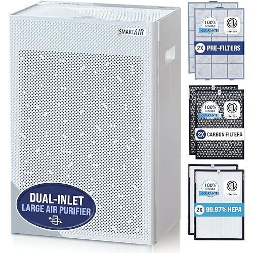 Smart Air SA600 Large HEPA Air Purifier for Pets, Cleans 2400 ft²/hr, For Homes, Offices, Dual Inlet, 2X 99.97% H13 HEPA, 2X Carbon Filters, Washable Pre-Filters for Pet Hair, Allergens,Odors,Gases