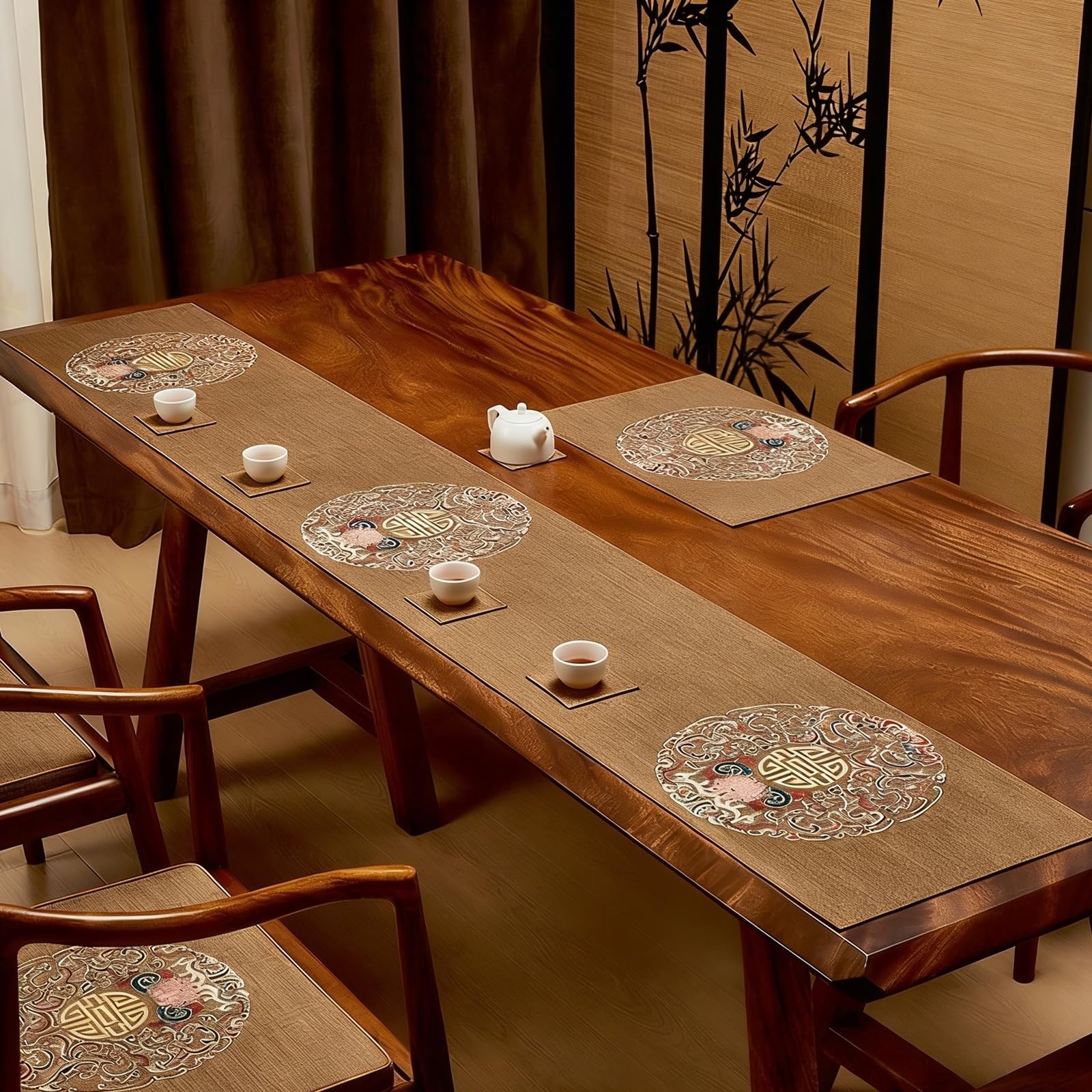 Chemin de Table Mariage 33x300cm, Chemin de Table Champetre Effet Lin avec Broderies de Style Chinois