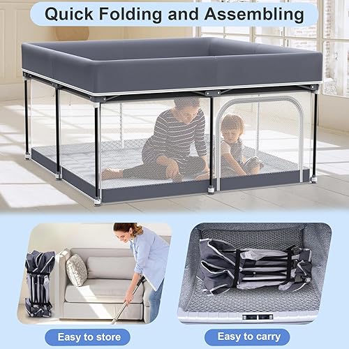 Miniatura 3 de Corralito plegable para bebés con alfombra, corralito de 50 x 50 pulgadas para bebés y niños pequeños, corralito para bebé con puerta, transpirable,