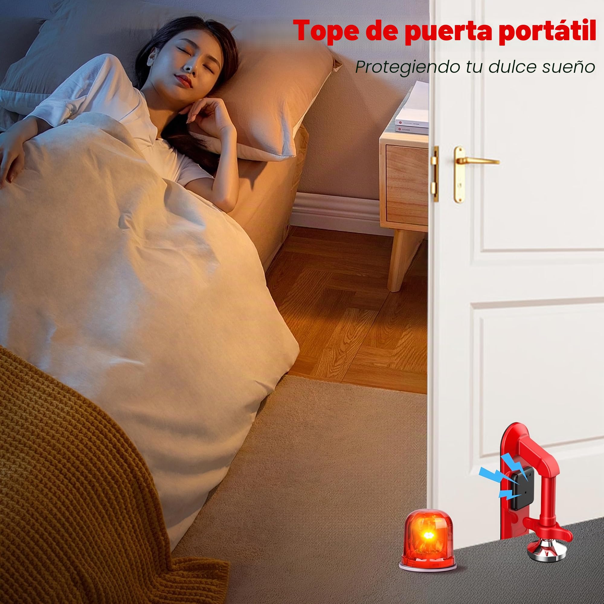 Tope de puerta de alarma portátil, antirrobo de 80 dB, para parte inferior de la puerta, ajustable y fácil de instalar para el hogar, oficina y viajes, dispositivos de seguridad de puerta (rojo)