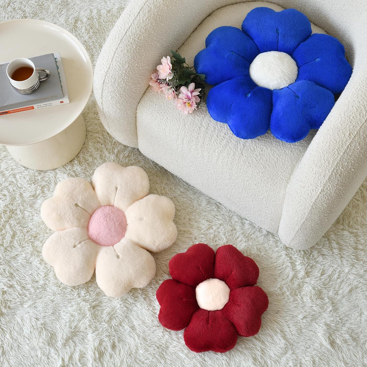 Flower Shaped Pillow, Cute Decorative Throw Pillows with Soft Rabbit Fur for Couch Bed Chair Floor, Christmas Pillow Seating Cushions with Room Décor for Bedroom Living Room(19.6 Inches, Claret)