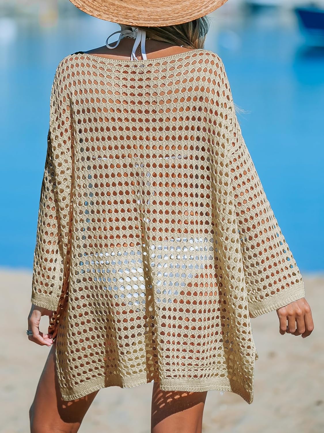 CUPSHE Women Crochet Swimsuit Cover Ups One Shoulder Long Sleeve Beach Coverup Tops - Image 6