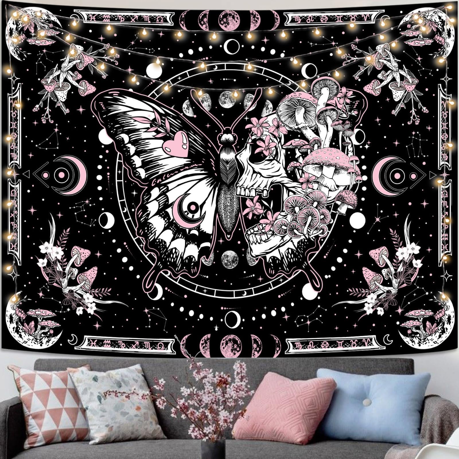 Skeleton Butterfly Tapestry Pink Skull Hippie Mushroom Plants Tapestry for Bedroom Moon phase Aesthetic Tapestries Wall Hanging for Living Room Dorm (Pink, 48” x 36”)