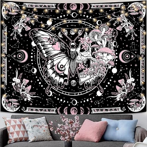 Tapiz de esqueleto y mariposa, calavera rosa, hippie, hongos, tapiz para dormitorio, fase lunar, tapices estéticos para colgar en la pared para sala