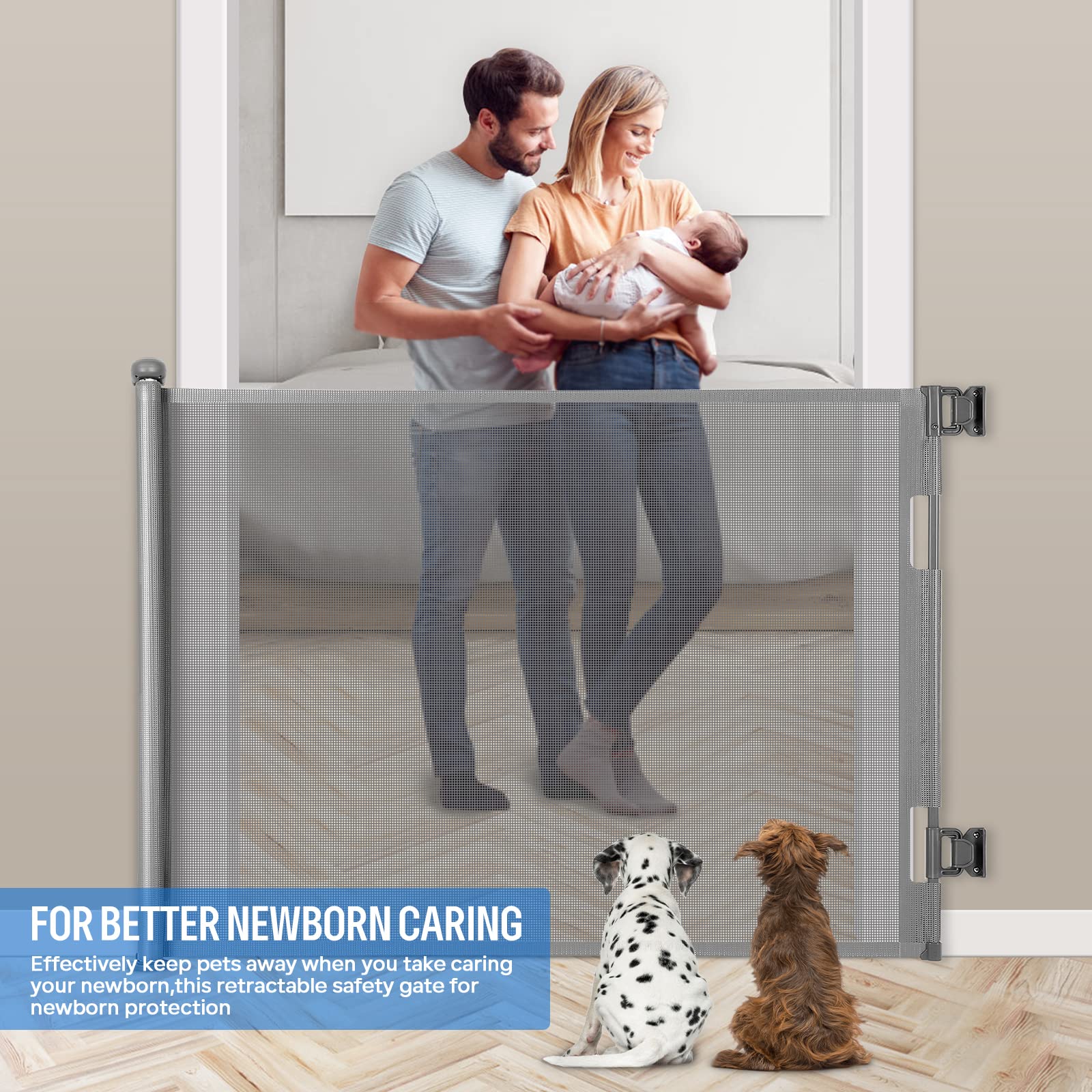 Barrière de Sécurité Rétractable,140 cm, pour Escaliers, Enfant ou Animaux de Compagnie, Gris
