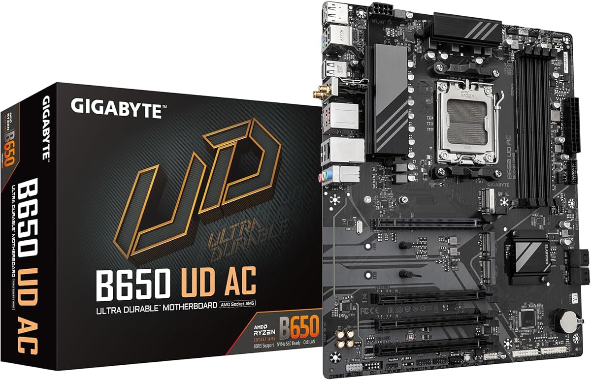 Gigabyte B650 UD AC Motherboard - Supports AMD Ryzen 8000 CPUs, 6+2+2 Phases Digital VRM, up to 7600MHz DDR5, 1xPCIe 5.0 M2 + 2xPCIe 4.0 M.2, Wi-Fi 6E, GbE LAN, USB 3.2 Gen 2