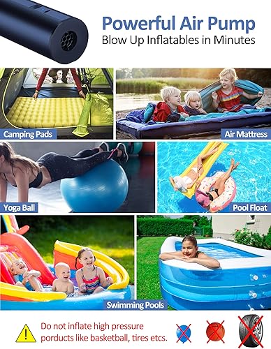 Miniatura 4 de BEAUTYOVO Bomba de aire eléctrica para inflables de piscina, bomba de colchón de aire de llenado rápido, bomba de aire portátil inalámbrica con