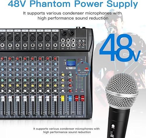 Miniatura 3 de Mezclador de audio de 8 canales, mezclador de DJ profesional, tablero de sonido, efecto de retardo de reverberación, interfaz de audio USB, 48 V,