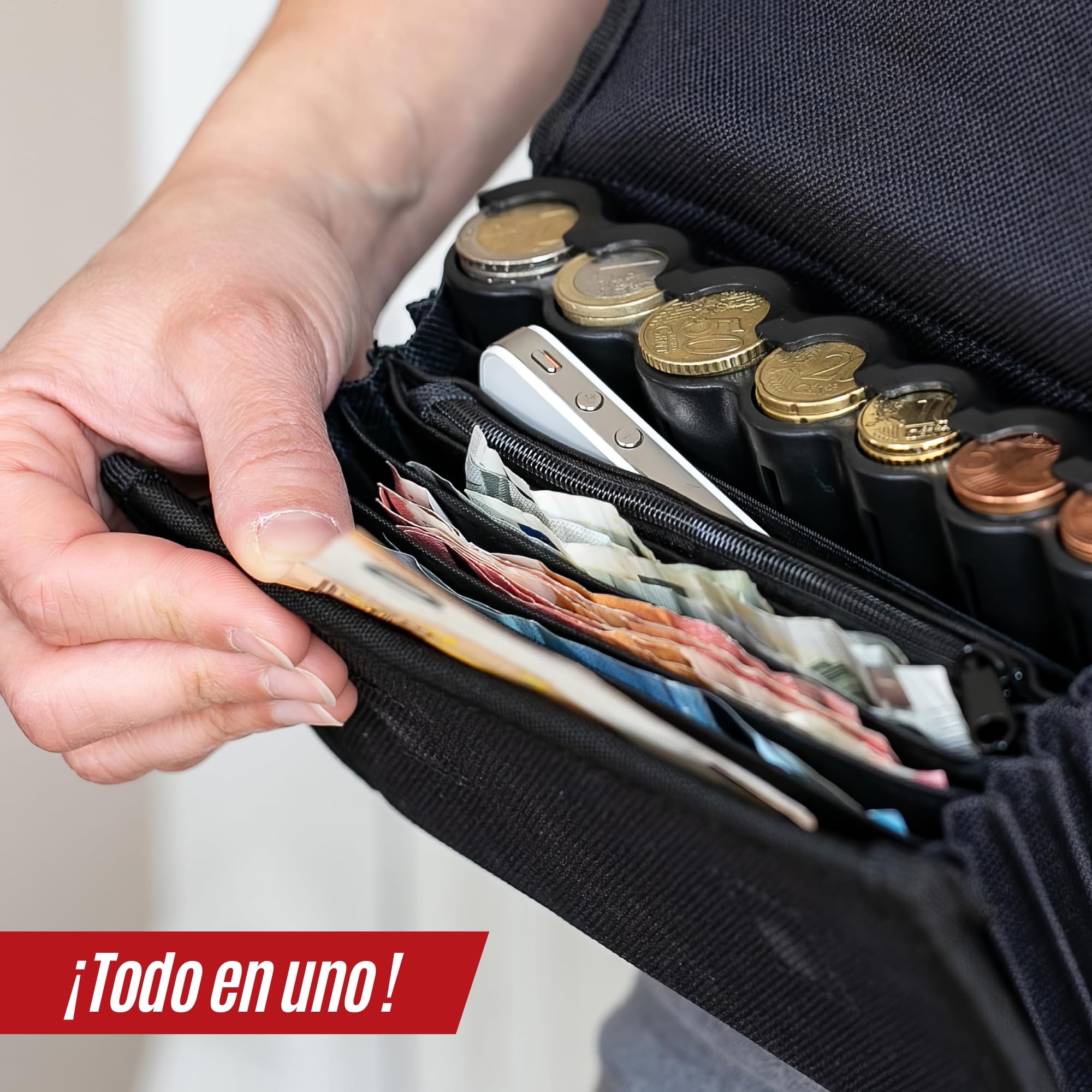️ Cartera Dispensador de Monedas y Billetes + Bolígrafo Detector Billetes Falsos - Riñonera Camarero y Dispensador de Monedas para Taxi, Camareros, Vendedores (Negro + Riñonera)