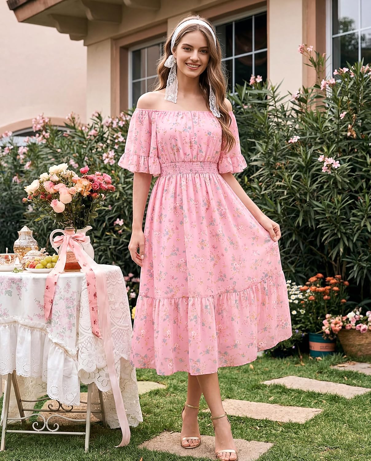 Women's Summer Boho Off Shoulder Midi Dress Ruffle Sleeve Smocked Elastic Waist Flowy Dresses