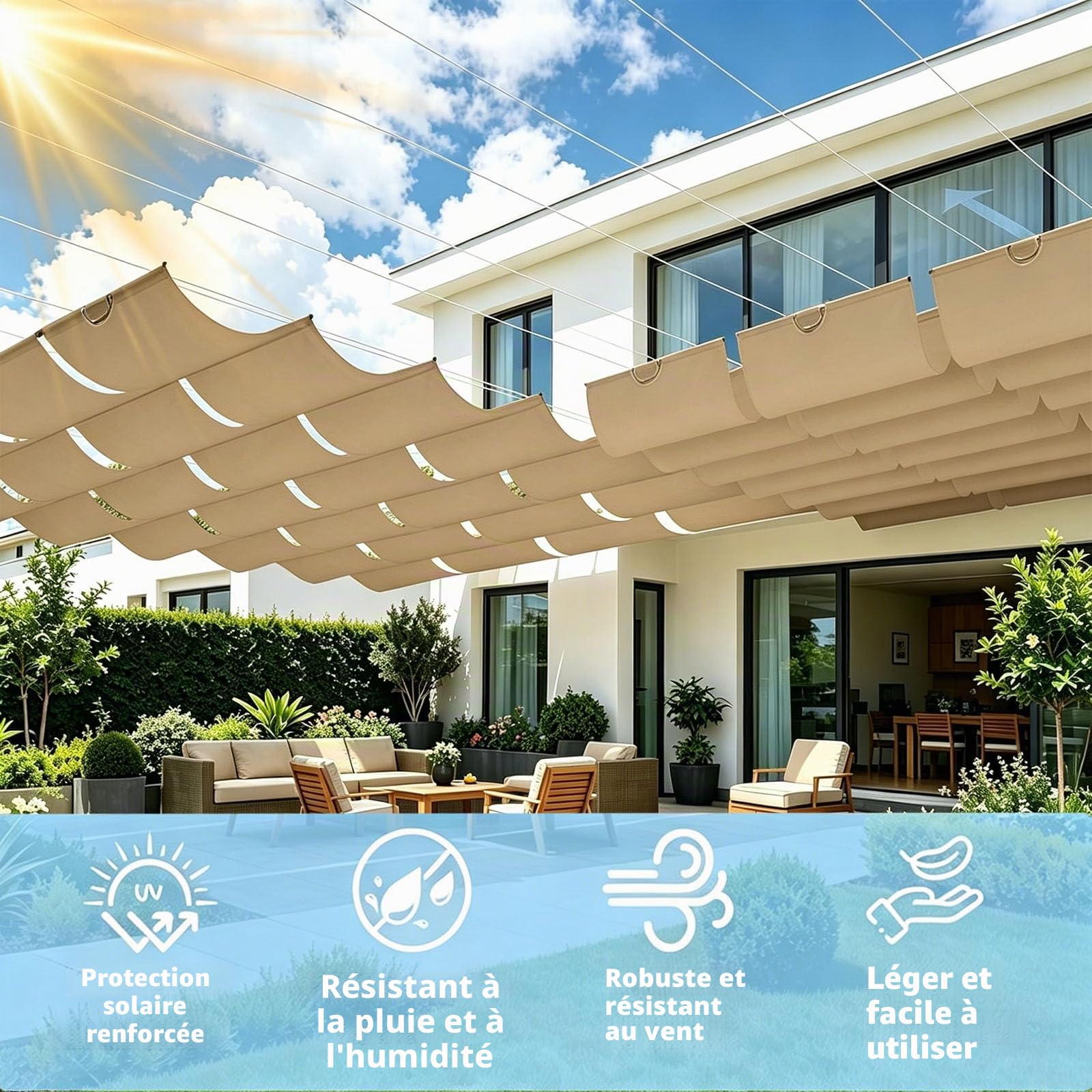 Voile d'ombrage Rétractable 250 x 500 cm Store Ondulé sur Mesure Imperméable, de Protection UV, Protection Solaire Toile Ombrage Imperméable pour Extérieur Jardin, Kaki