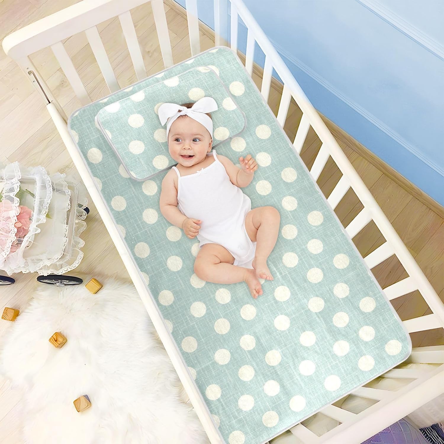 Dots Green Cooling Baby Bassinet Mattress 28" x 52" Reusable Bed pad for Baby&Toddler