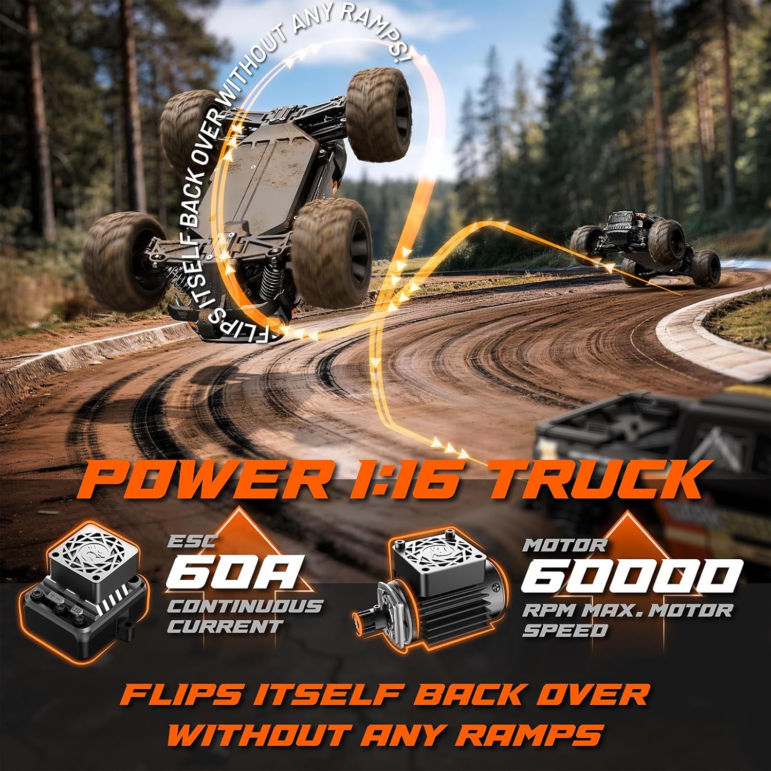 UDIRC 1610S Brushless Fast RC Car, 56+ MPH and Standing Backflip in Stock Setup, Includes 3S LiPo Battery, 1:16 High Speed RC Truck, 4WD RTR Off-Road Monster RC Truck for Adults