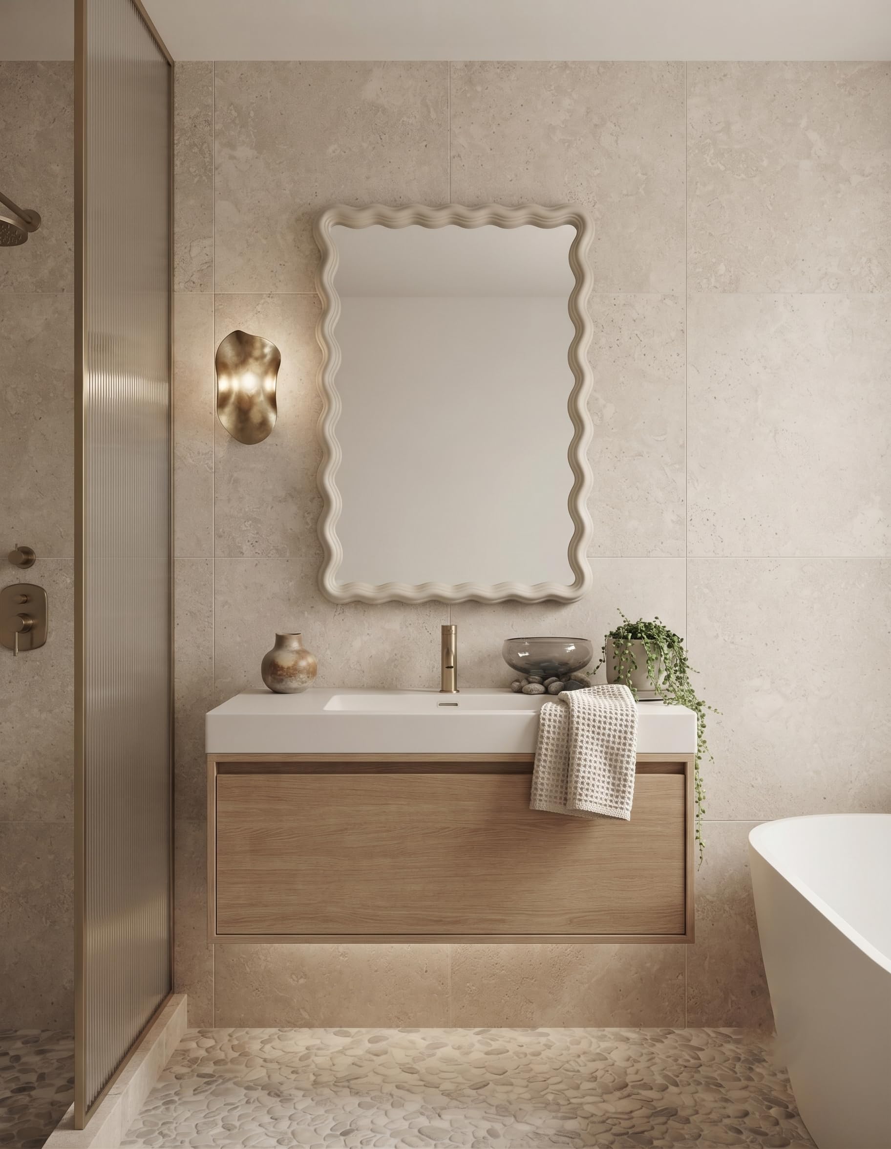 B&Q -  The Rectangular Wavy Shape Fawn Beige Wall Mounted Mirror Plastic Frame Home Furniture Decor Both Ways Hanging 43X33X2.2Cm