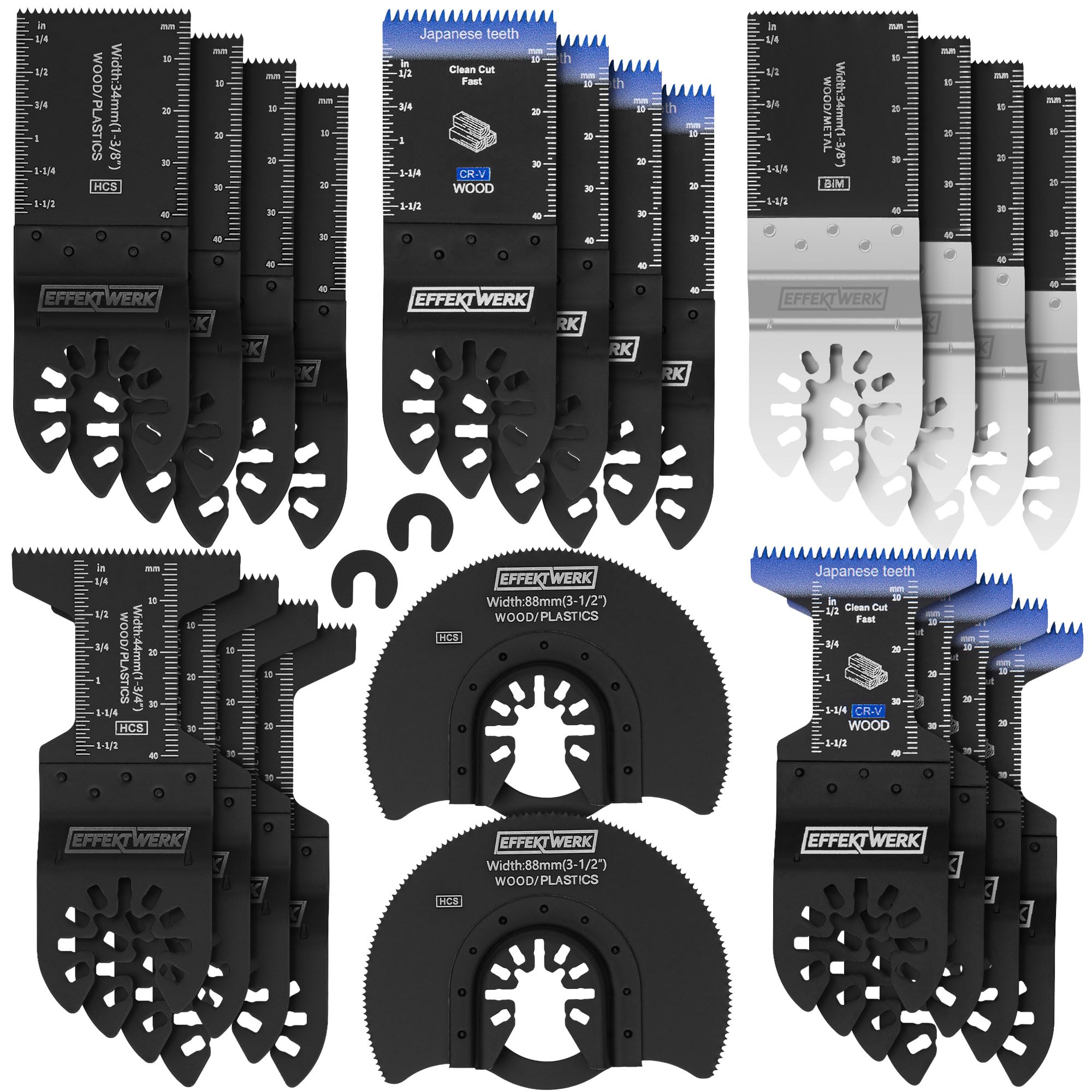 EffektWerk - 25 pcs Multitool Saw Blade Set - Oscillating Tool Attachments for Cutting Wood, Plastic, Metal - Universal Vibrating Cutter Blades with Adapters and Storage Bag