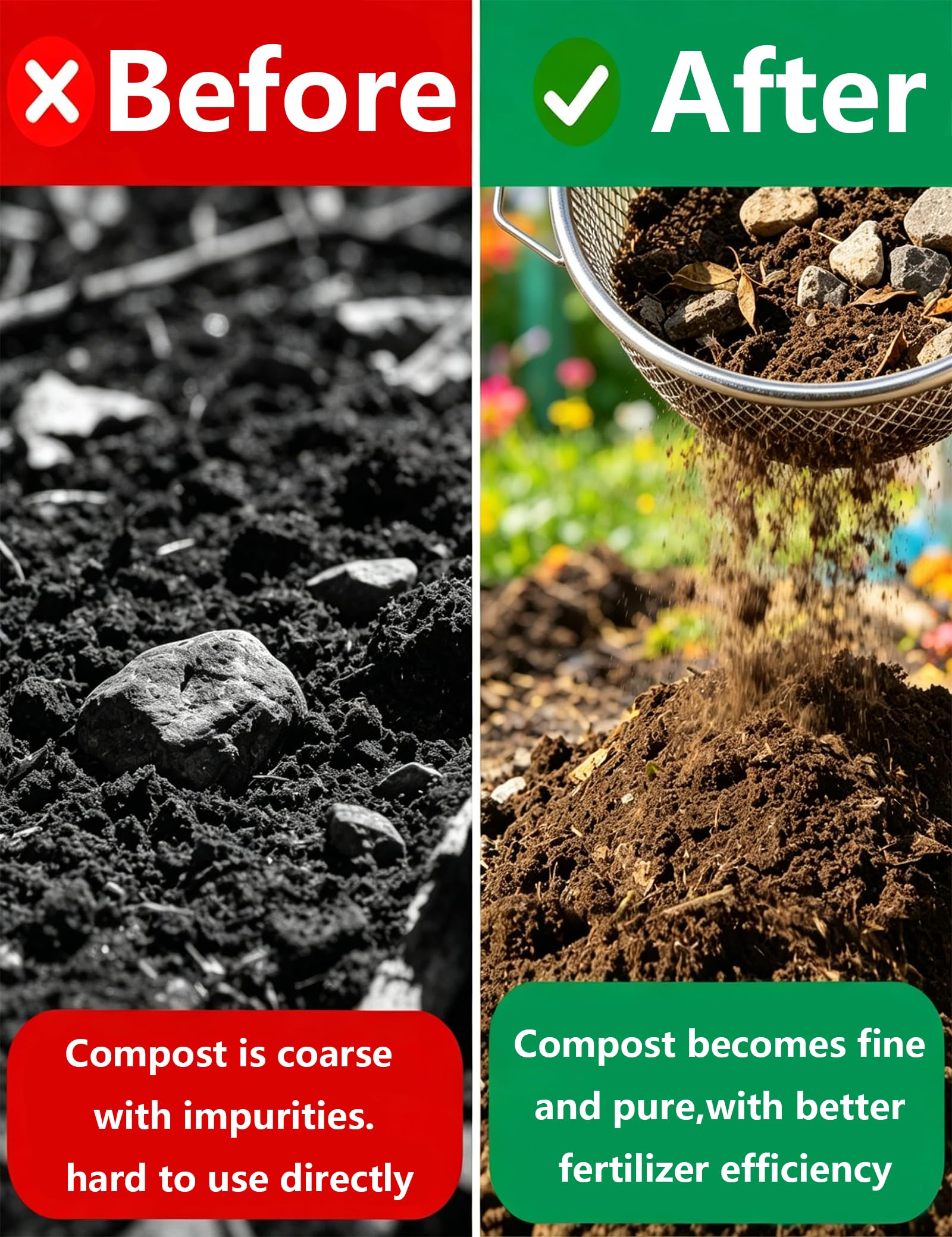 Setaccio da Giardino per Terra con Maglia 6mm, Setaccio per Compost in Acciaio Inox, Vaglio per Sabbia e Sassi, Strumento Professionale per Giardinaggio