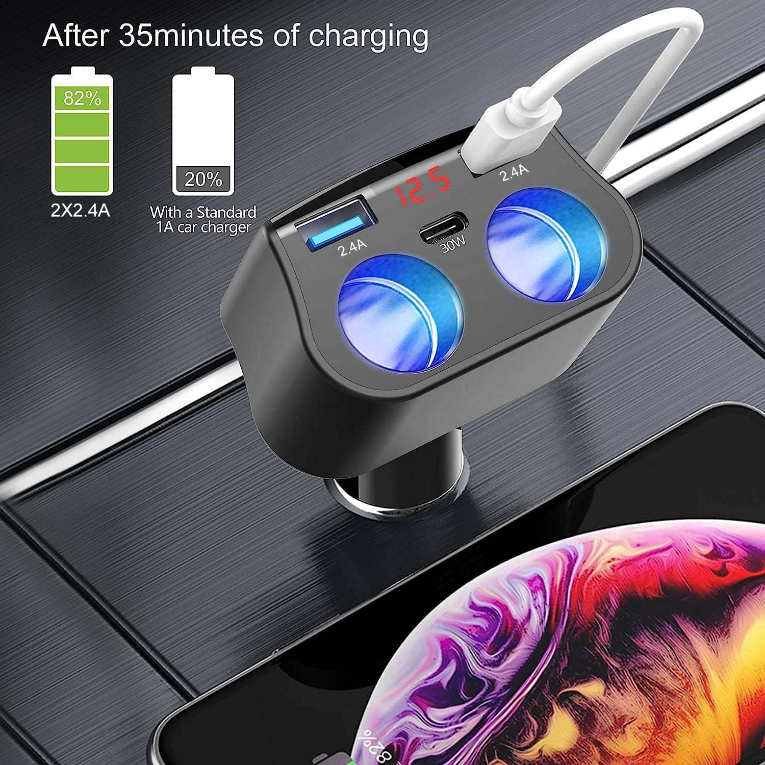 EUGIZMO Adaptador de cargador de coche doble, 200 W, adaptador de encendedor de cigarrillos doble, divisor de enchufe para encendedor de cigarrillos, cargador USB, 12 V, divisor de enchufe para