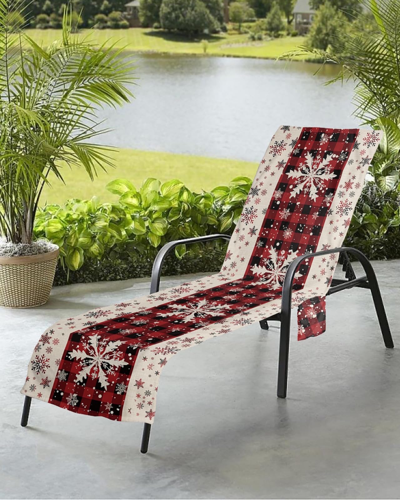 Christmas Snowflake Beach Chair Towel Covers for Chaise Lounge with Side Pocket, Soft Plush Pool Towels Cover for Patio Sunbathing Outdoor 29''x85'' Buffalo Plaid Checkered Red Black