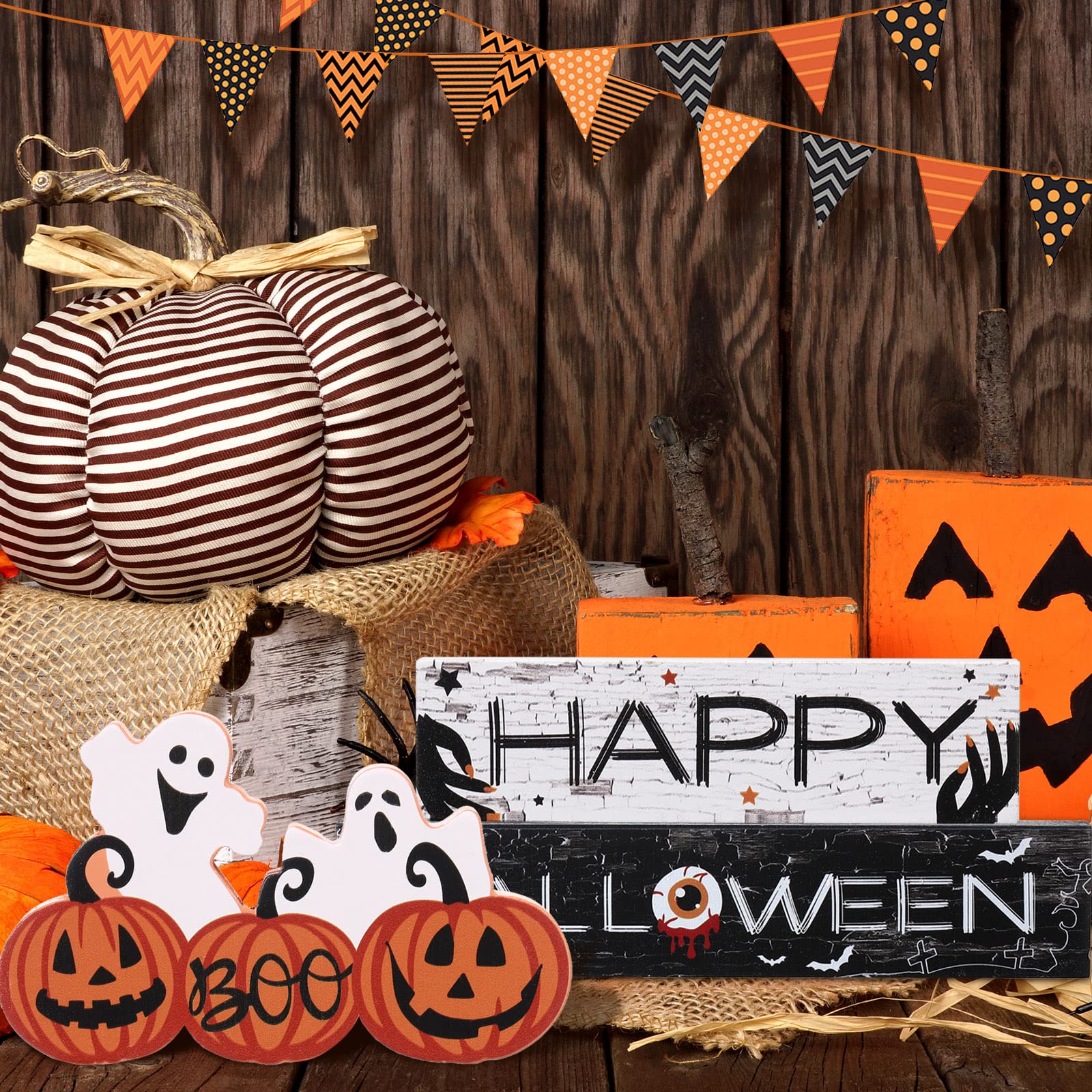 Halloween-Tischschilder Aus Holz – 3-teiliges Set Mit Geist, Kürbis & Schwarzer Katze. Rustikale Deko Für Tisch, Kaminsims Oder Regal.