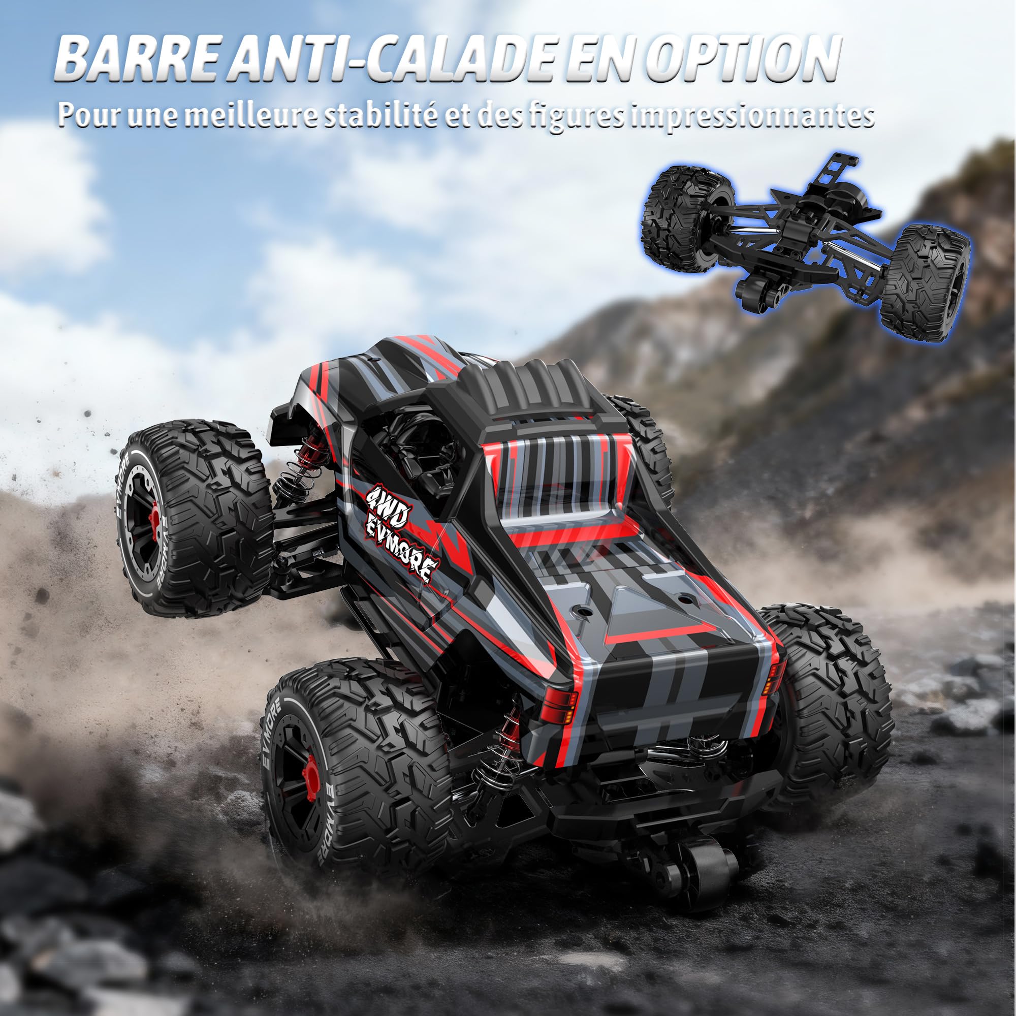 Evmore Voiture Télécommandée 1:16 4WD, 2,4 GHz Voiture RC Haute Vitesse Moteur sans Balais 55 km/h, 4x4 Télécommandée Tout Terrain Étanche Véhicule Électrique RTR Jouets avec 2 Batteries pour 40mins