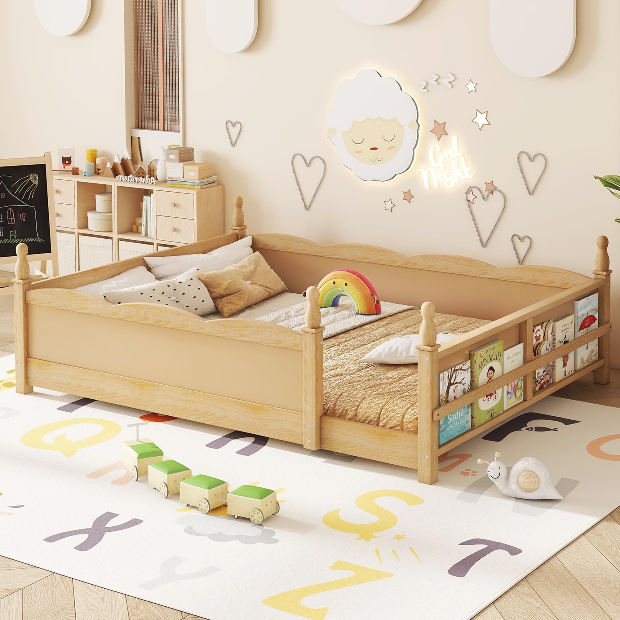 Bellemave Queen Size Montessori Floor Bed Frame with High Fence, Solid Wood Kids Floor Bed with Bookshelf, Low Profile Bed for Boys &amp; Girls, Childlike Design,Natural