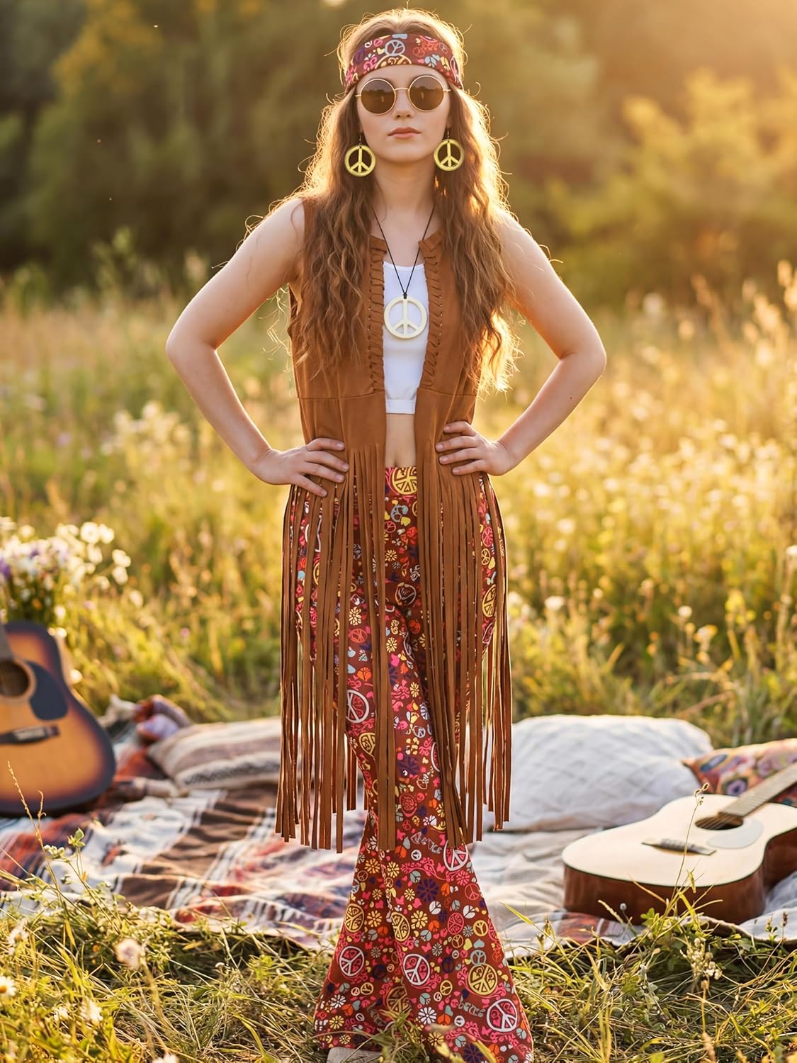 SOMSOC 7 Pieces 70s Women Hippie Costume Fringe Vest Bag Pant Headband for Halloween - Image 6