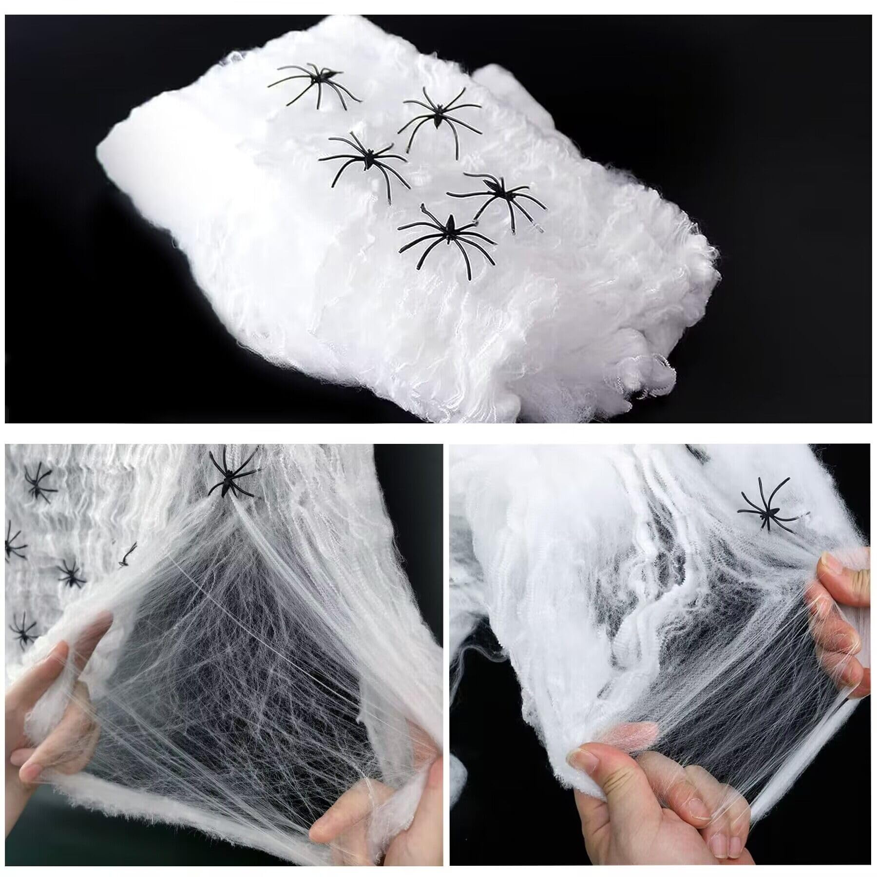 Telarañas Decorativas De Halloween,Tela De Araña Elástica 100g con 30 Arañas Falsas para Halloween Decoración Interior Y Exterior
