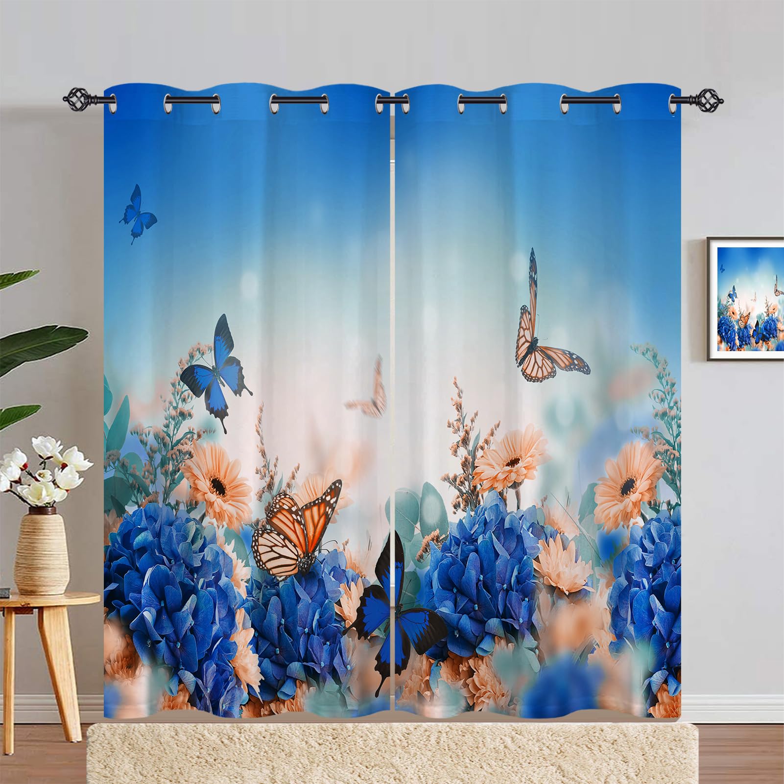 ANHOPE Butterfly Floral Curtains Eyelet Blackout Thermal Insulated Curtains Yellow Blue Flower Print Pattern Soft Soundproof Privacy Window Drapes for Girls Bedroom Living Room 55 x 72 Inch 2 Panels — image 1