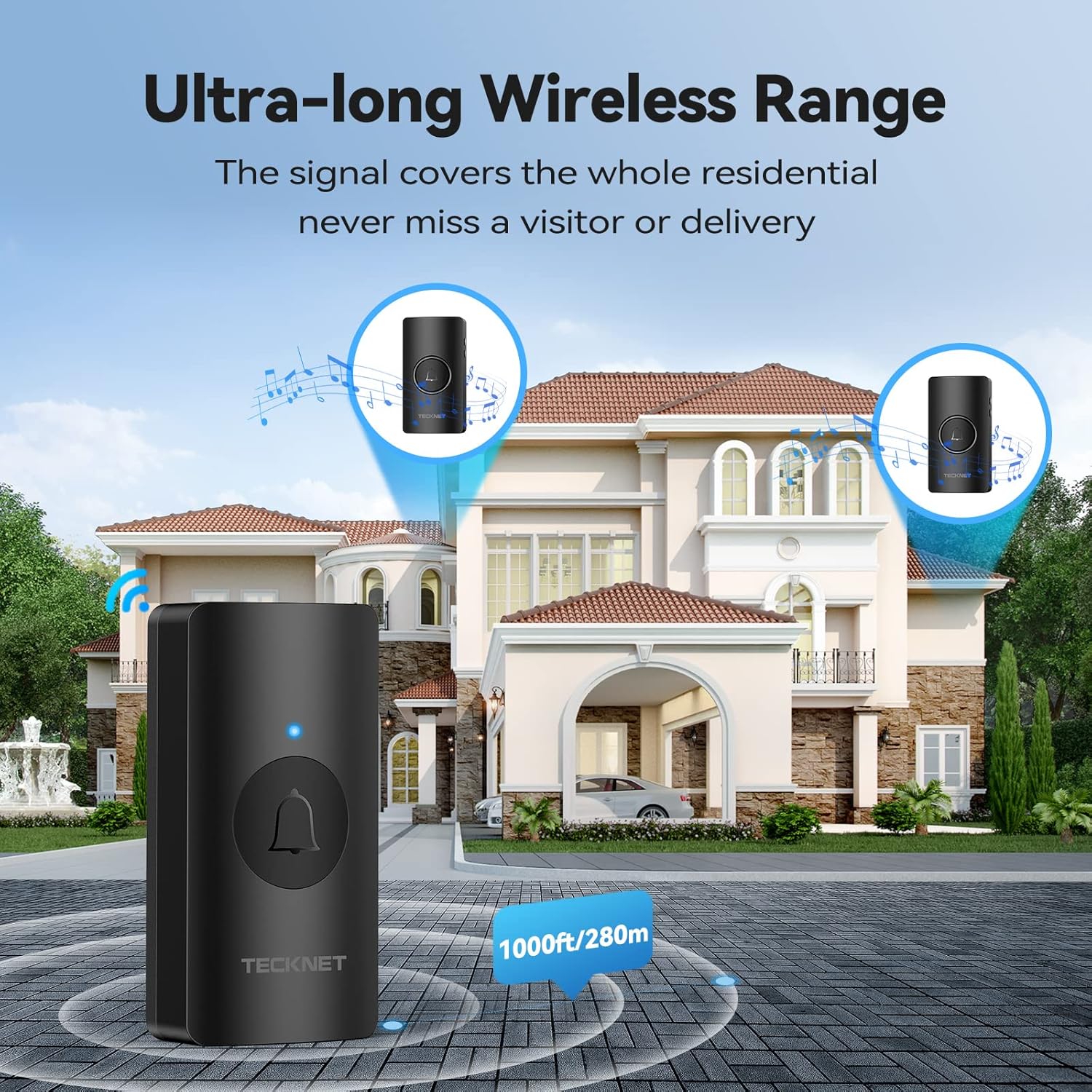 TECKNET Wireless Doorbells for Home, Waterproof Classroom Doorbell Ring Chime Kit Operating at 1000 Feet with 2 Plug-In Receivers 38 Chimes, 4 Volume Levels & LED Light Flash (Black) - - 