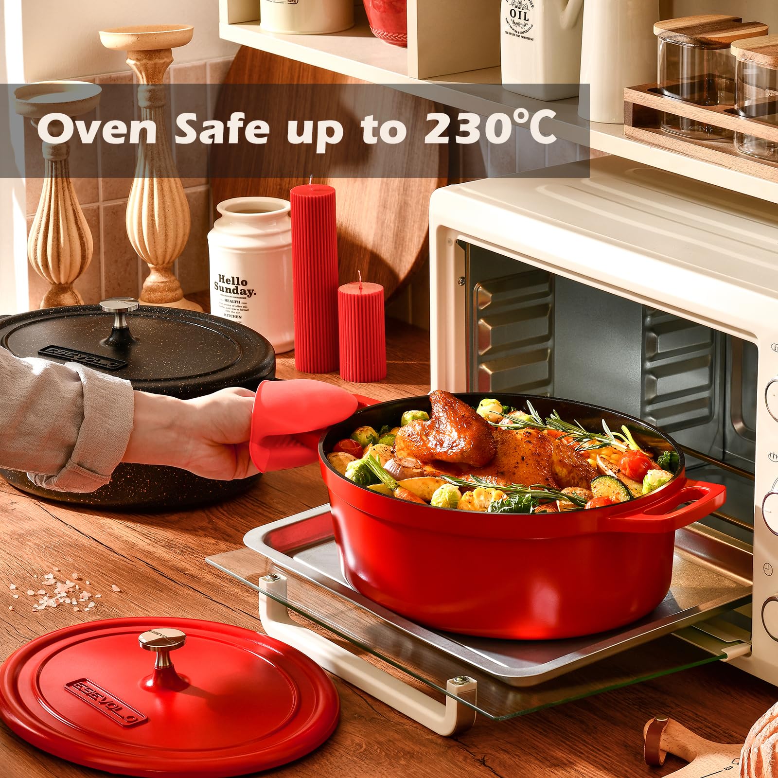 Garnek z owalnego żeliwa indukcyjnego żeliwny garnek z żeliwa 38 cm, odlew aluminiowy, powłoka nieprzywierająca o wyglądzie kamienia, z pokrywką wyjmowane podkładki silikonowe, czerwony