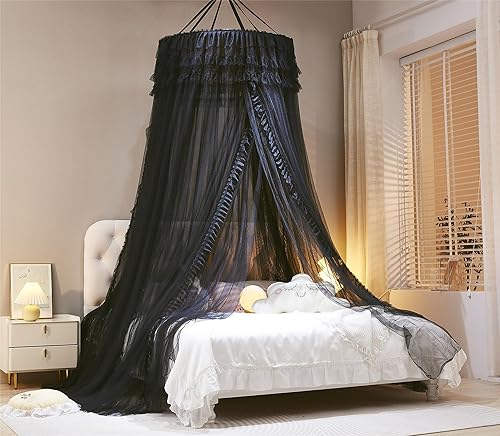 Miniatura 3 de Toldo de cama de princesa de malla transparente de doble capa para niñas y adultos, encaje de encaje de tres puertas, cúpula de malla abierta,