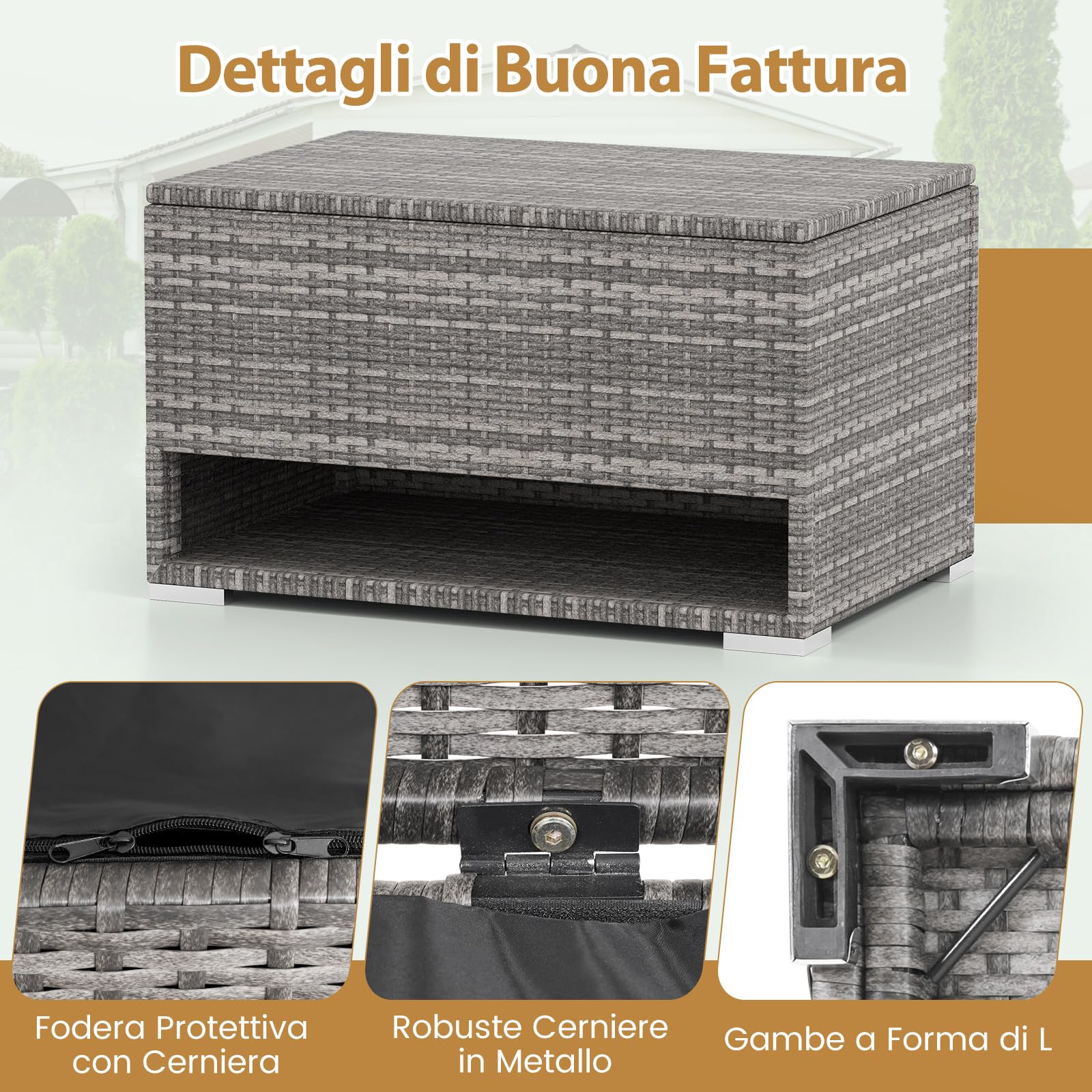 COSTWAY Baule da Giardino 186 L, Panca Contenitore in Rattan con Scarpiera, Rivestimento Protettivo, Organizzatore per Cuscini, Accessori Piscina, Attrezzi da Giardino (Grigio)