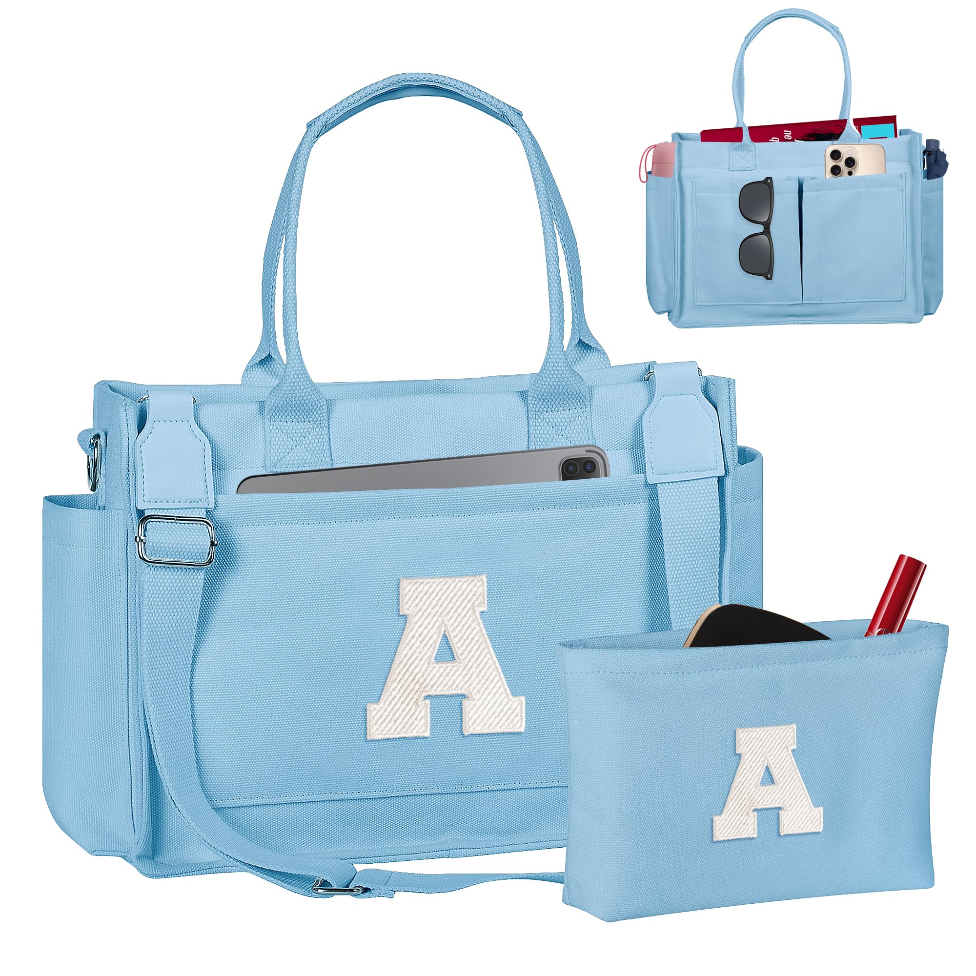 Freesya Easter Basket Stuffers, Initial Tote Bag with Makeup Bag, Birthday Gifts for Women, Teen Girl Gifts Trendy Stuff