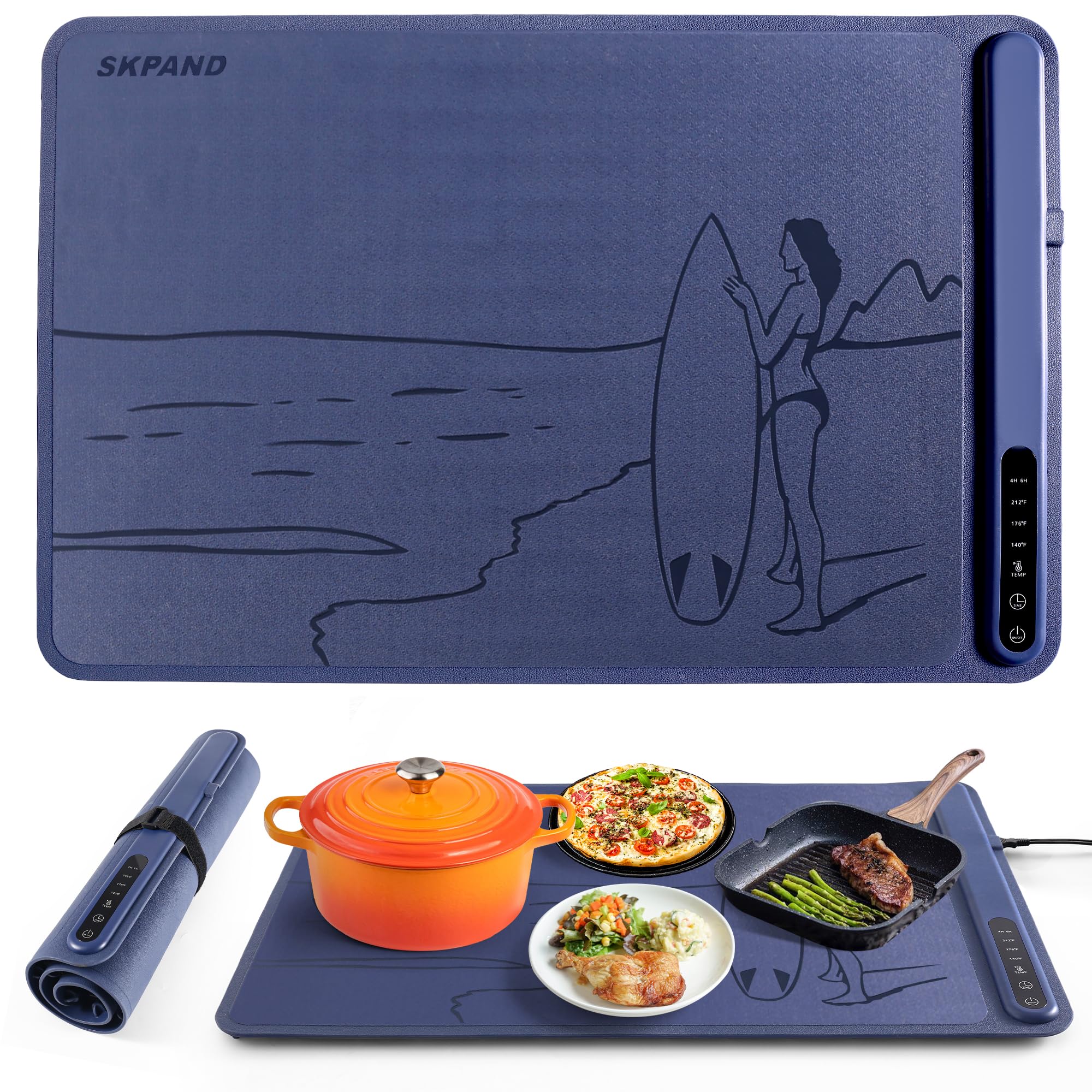 Silicone Electric Warming Mat for Food 3-Temperature,Food Warmer for Buffet Parties, Restaurants & Dinner, Easy-to-Clean Heating Tray to Keep Meals Warm 15.7”x23.6”(surfing&blue)