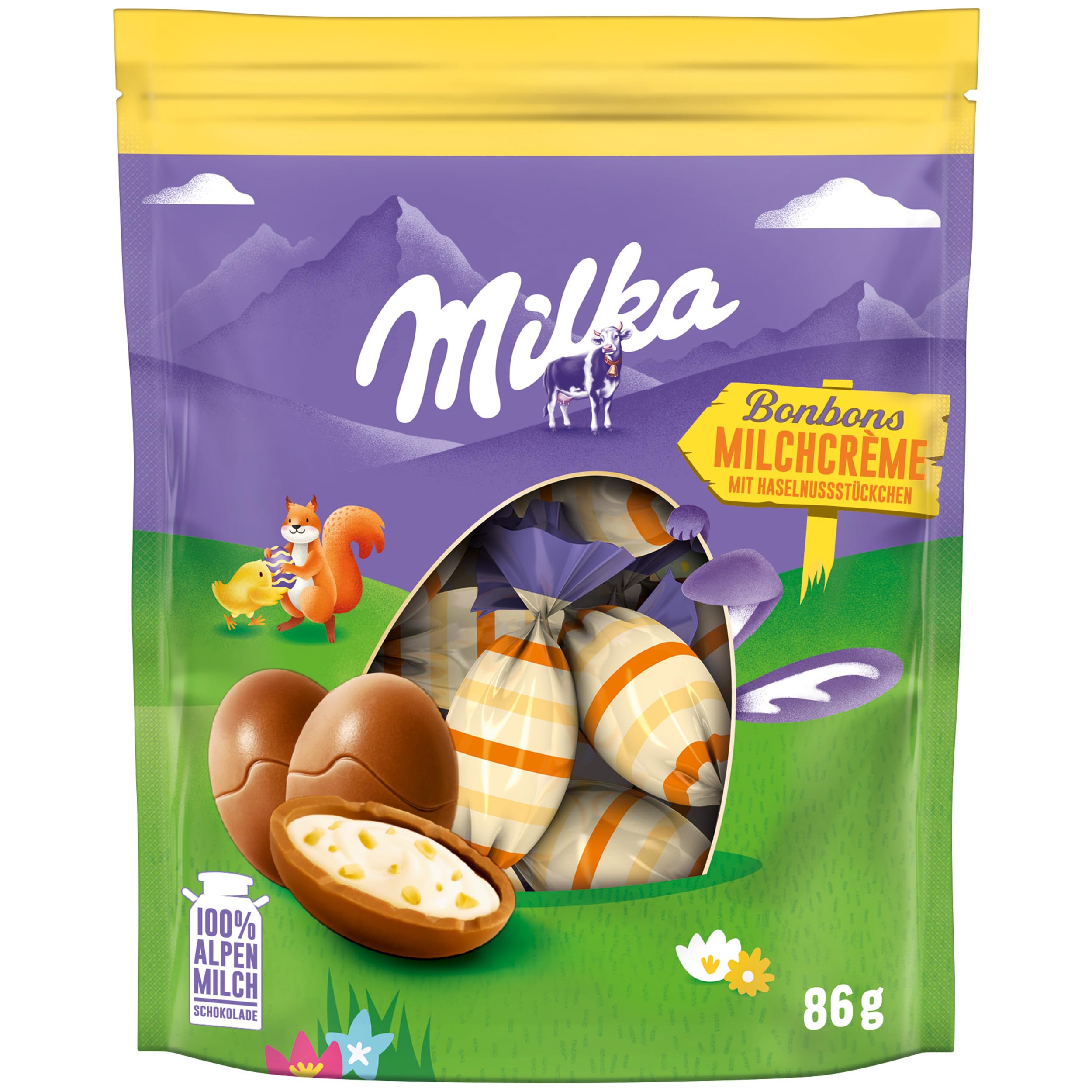 Milka Bonbons Milchcréme mit knackigen Haselnuss-Stückchen – gefüllte Osterschokolade in Einzelverpackung – 86g