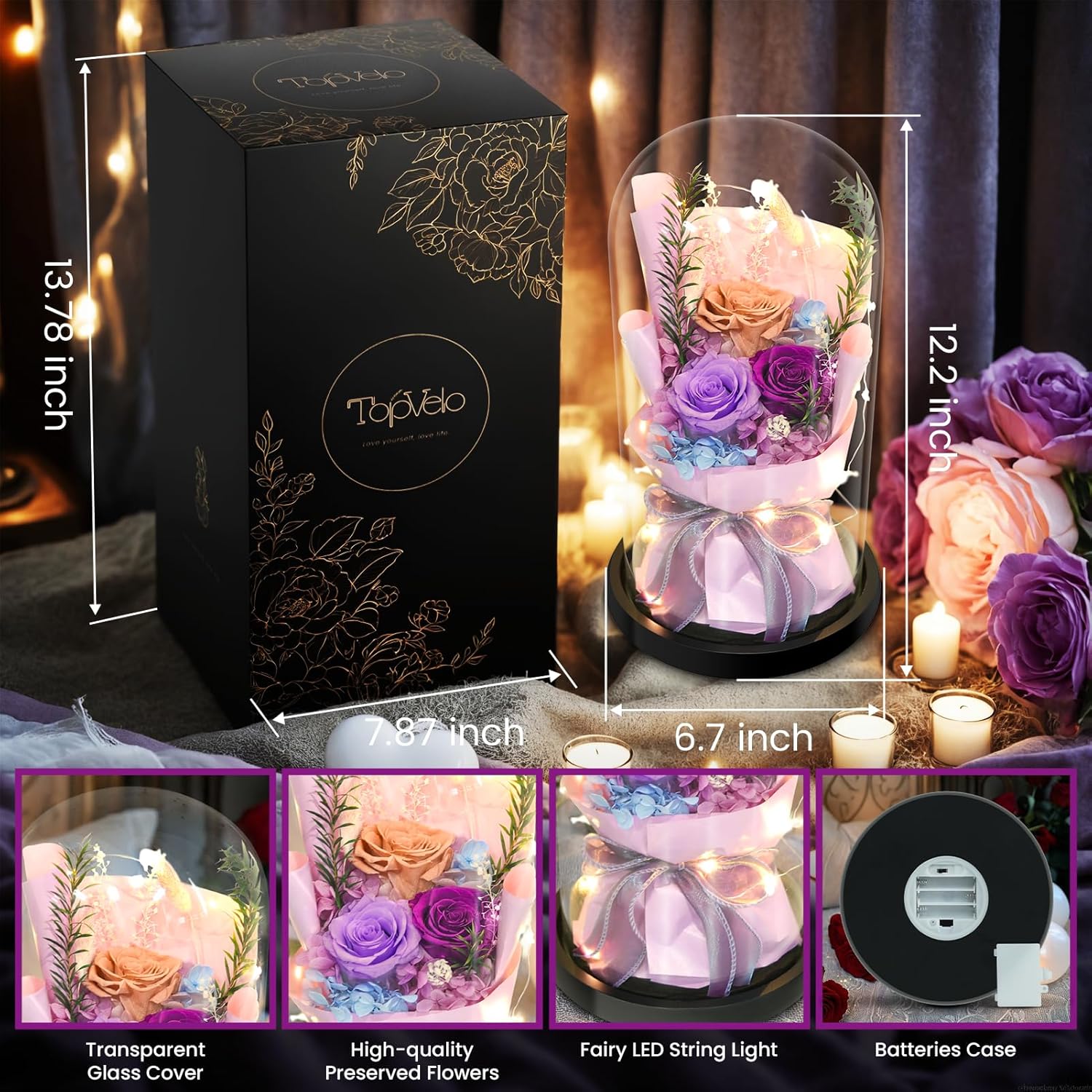 Large Roses Bouquet in Glass Dome, Preserved Flower Gift for Mothers Day, Prime Delivery Preserved Flowers Bouquet for Women, Wedding Gift for Her - Image 3