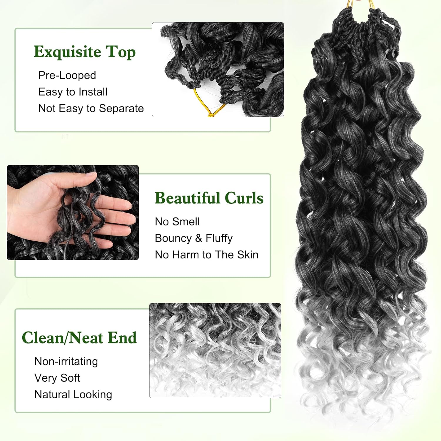 Miracle Knots Hair Crochet Ombre Grey Gogo Curl Crochet Hair for Black Women Deep Water Wave Beach Curl Pre looped Synthetic Bohemian Crochet Braids Soft as Human Crochet Hair (10 Inch, TGrey)