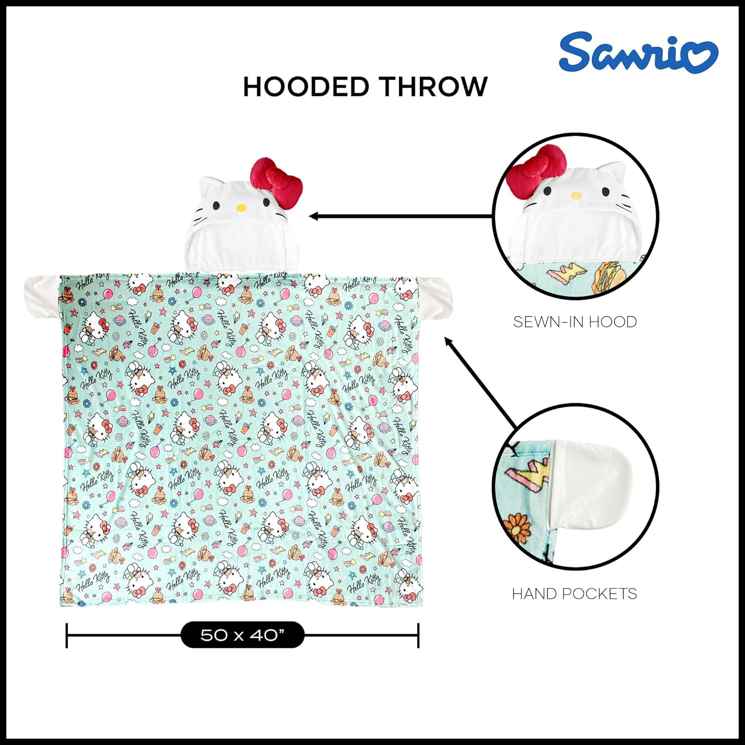 Northwest Sanrio Hello Kitty Blanket, Wearable Hooded Throw, Soft 3D Sculpted Hood, Silk Touch Throw, 40 x 50 Inches - Image 5