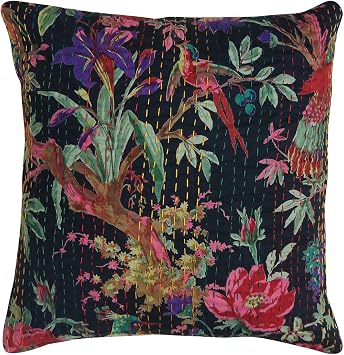Sophia Art Indian Floral Home Decor Birds Handmade Thread Embroidery Cotton Cushion Covers Block Printed Throw Pillow Patchwork Sari Ethnic Kantha Cushion Cover 40x40 16x16 Black