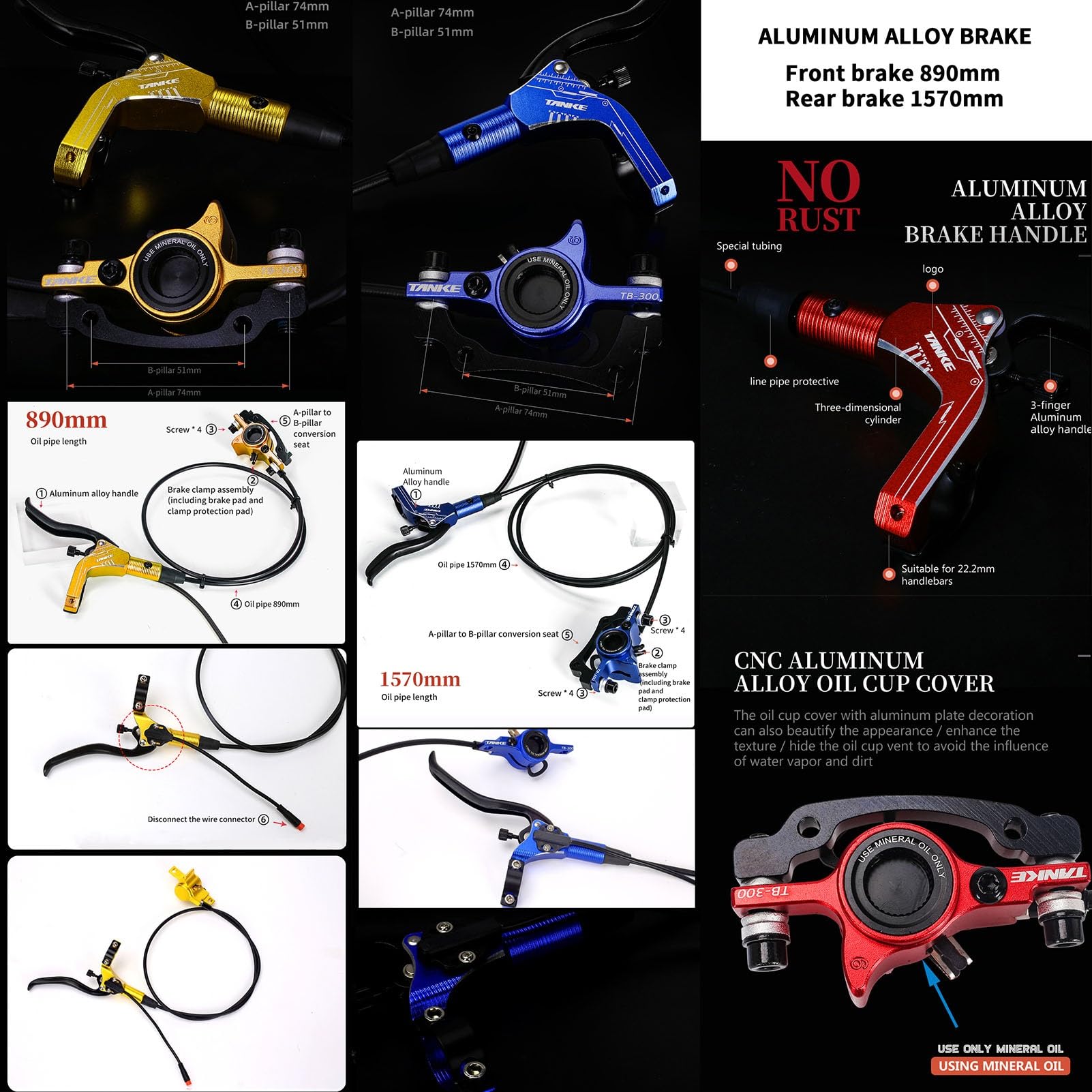 2 tłoki zestaw hydraulicznych hamulców tarczowych do roweru elektrycznego, czujnik wyłączania, hamulce hydrauliczne, dźwignie ze stopu aluminium z zaciskami z przodu 890 mm/tył 1570 mm